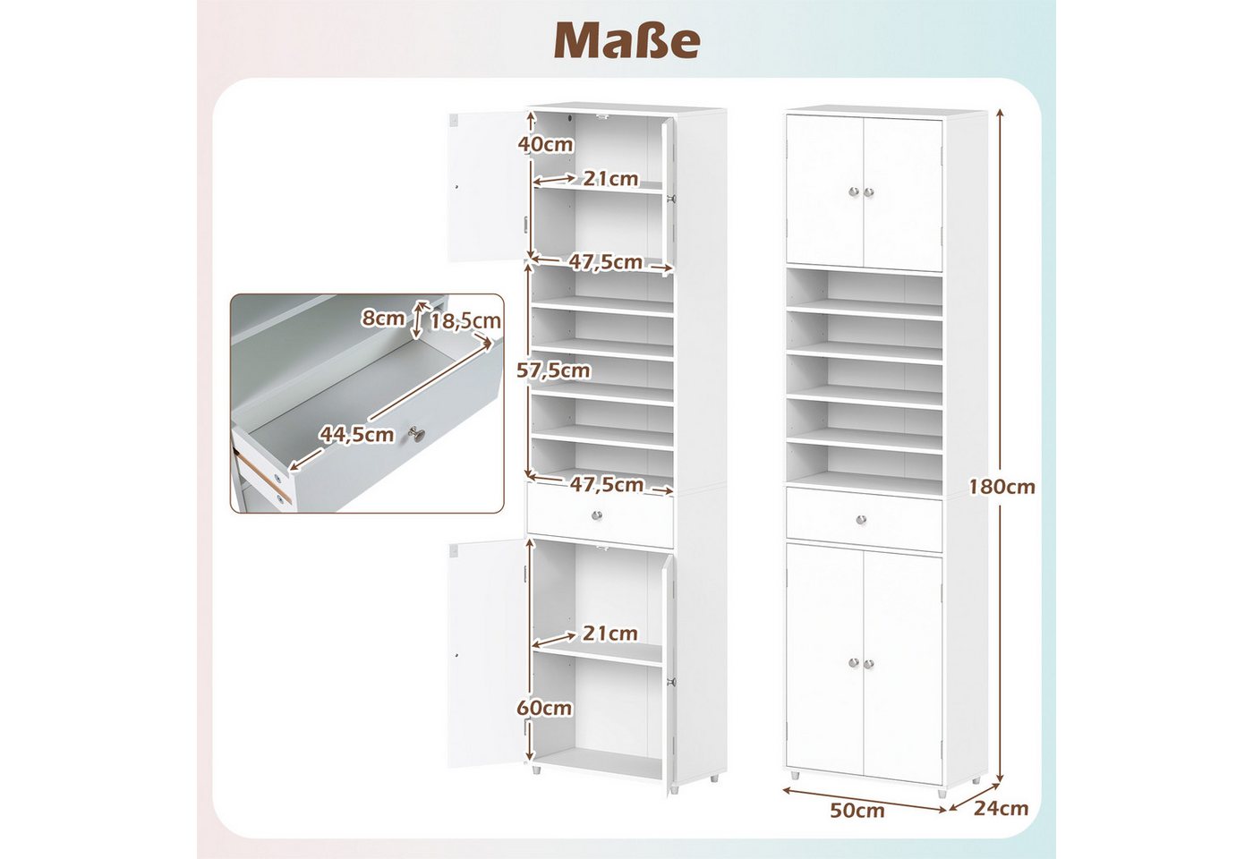 COSTWAY Badkommode, Badezimmerschrank Hochschrank 180 cm weiß Bild 3