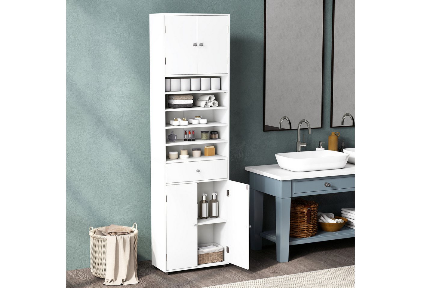 COSTWAY Badkommode, Badezimmerschrank Hochschrank 180 cm weiß Bild 4