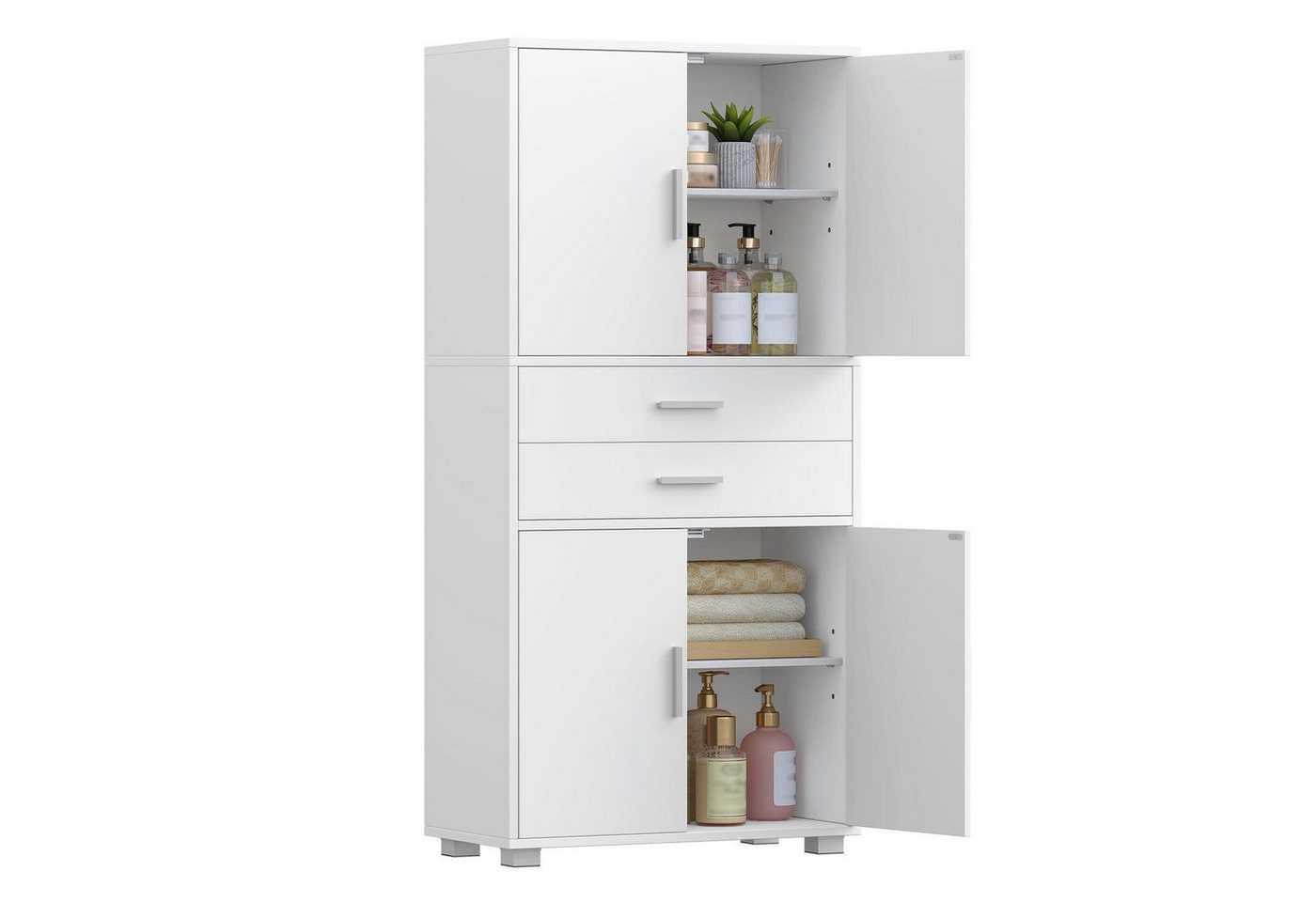 LuxusKollektion Hochschrank Badezimmerschrank hoch 4 Türen 2 Schubladen verstellbare Ablagen Weiß Bild 3