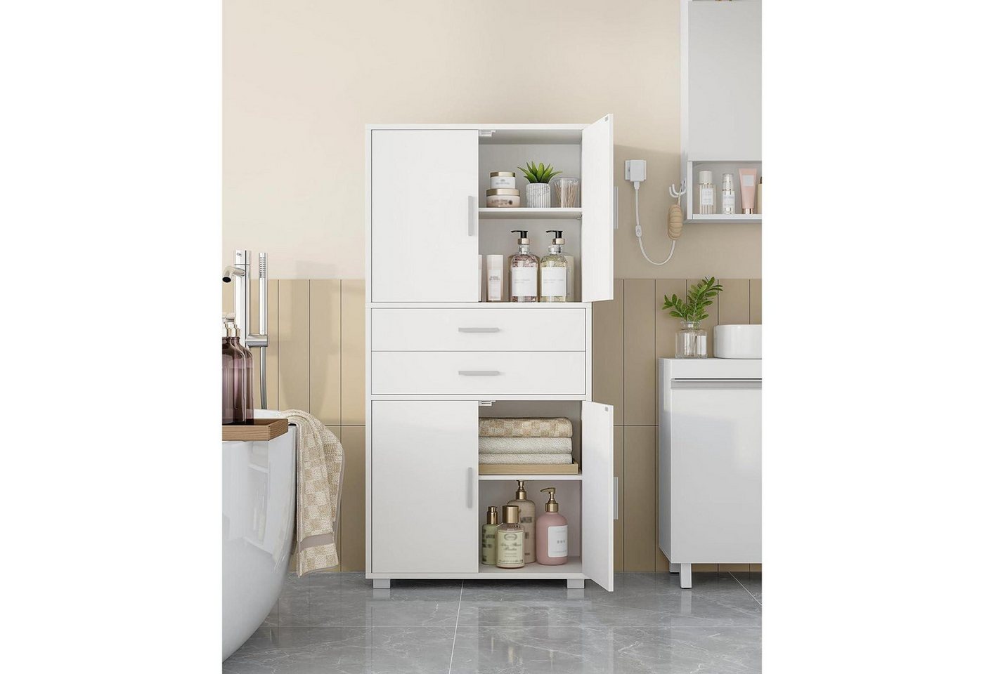 LuxusKollektion Hochschrank Badezimmerschrank hoch 4 Türen 2 Schubladen verstellbare Ablagen Weiß Bild 4