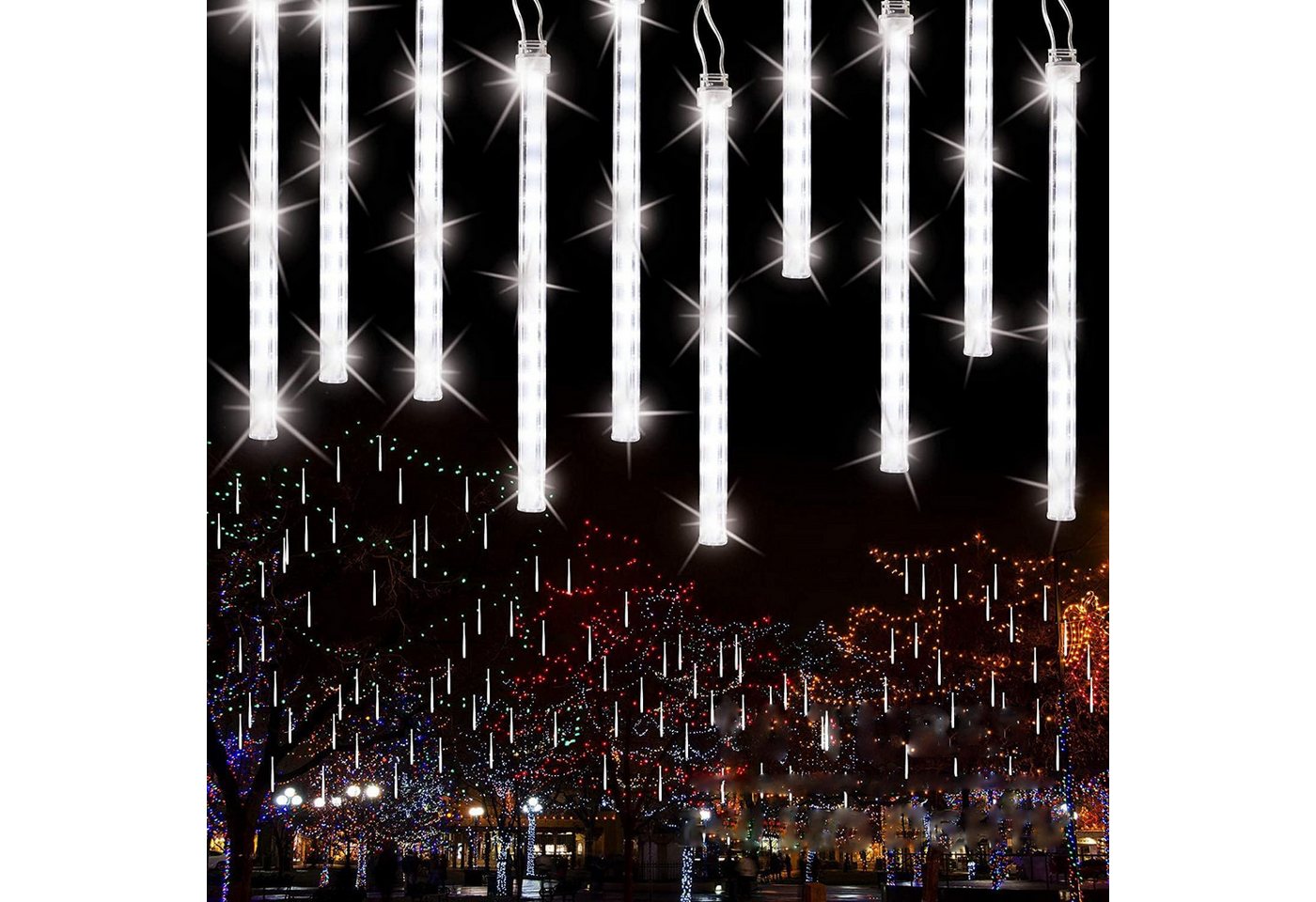 SERBASIC Lichterkette Meteorschauer Regen Lichter, Weihnachtsbeleuchtung Schneefall Lichter, Fallende Lichterkette Für Außen Innen Hochzeit Garten Bäume Deko Bild 5
