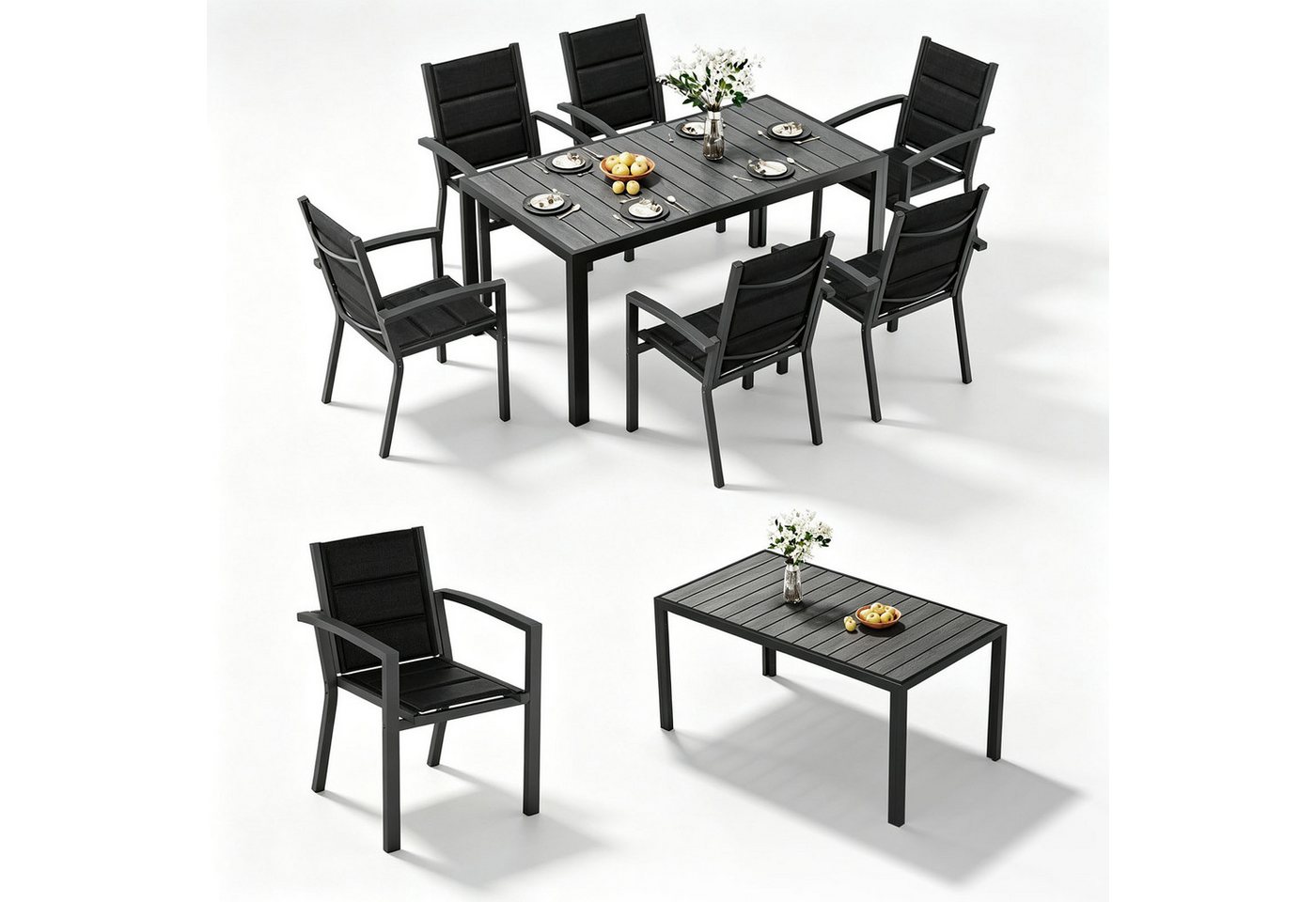 HOMALL Garten-Essgruppe 150/180cm Holzoptik Aluminiumtisch und Gartenstühle mit armlehnen, (7-tlg), Stapelbare Gartenstühle bis 160kg, rostfreier Aluminiumtisch bis 100kg Bild 2