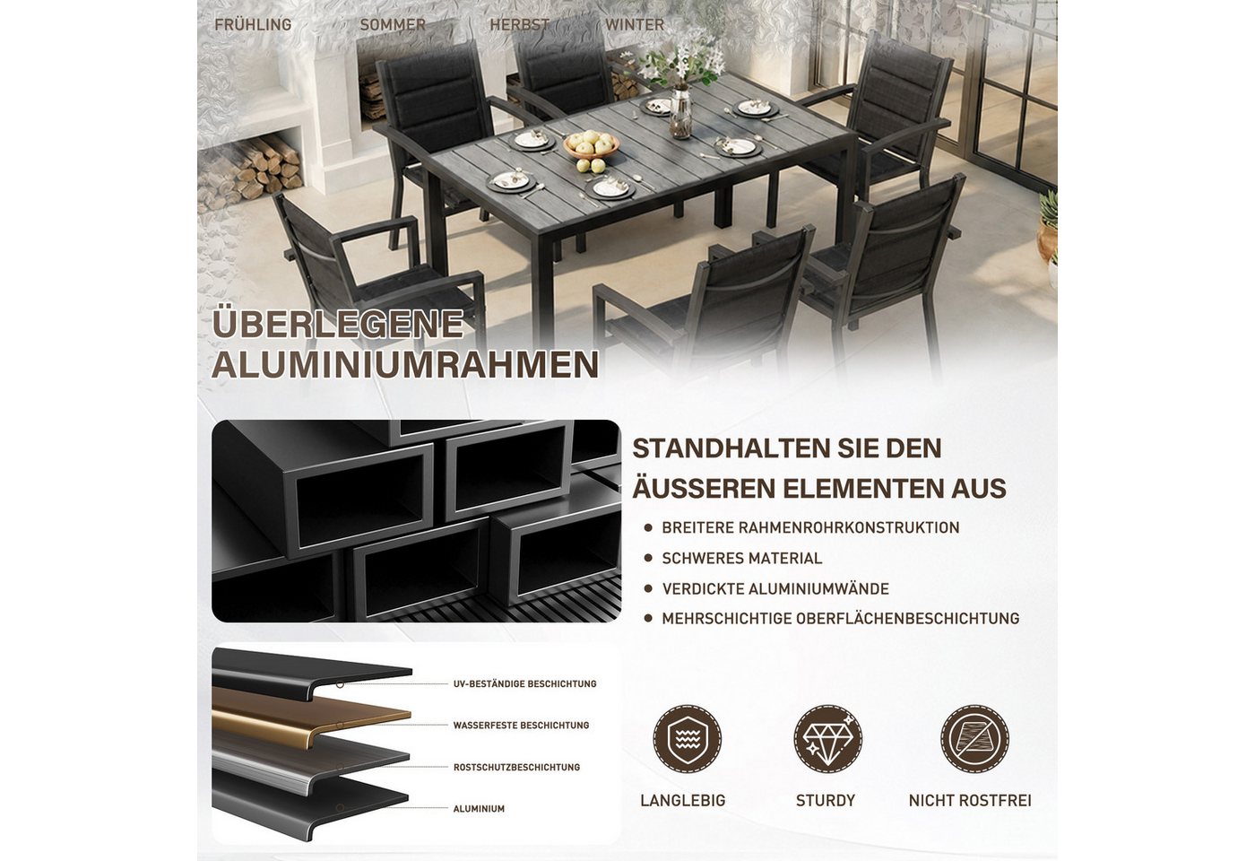 HOMALL Garten-Essgruppe 150/180cm Holzoptik Aluminiumtisch und Gartenstühle mit armlehnen, (7-tlg), Stapelbare Gartenstühle bis 160kg, rostfreier Aluminiumtisch bis 100kg Bild 4