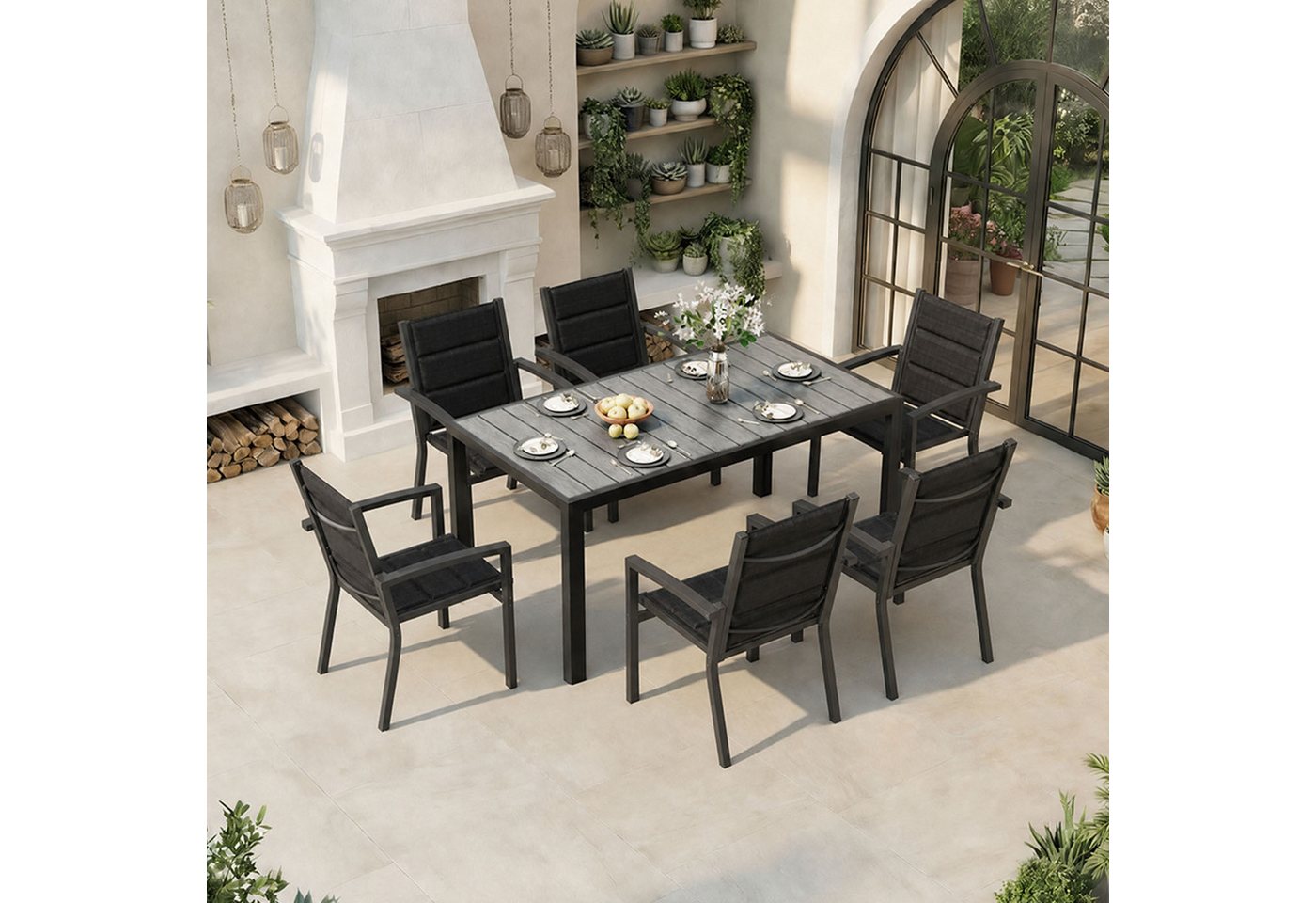 HOMALL Garten-Essgruppe 150/180cm Holzoptik Aluminiumtisch und Gartenstühle mit armlehnen, (7-tlg), Stapelbare Gartenstühle bis 160kg, rostfreier Aluminiumtisch bis 100kg Bild 5