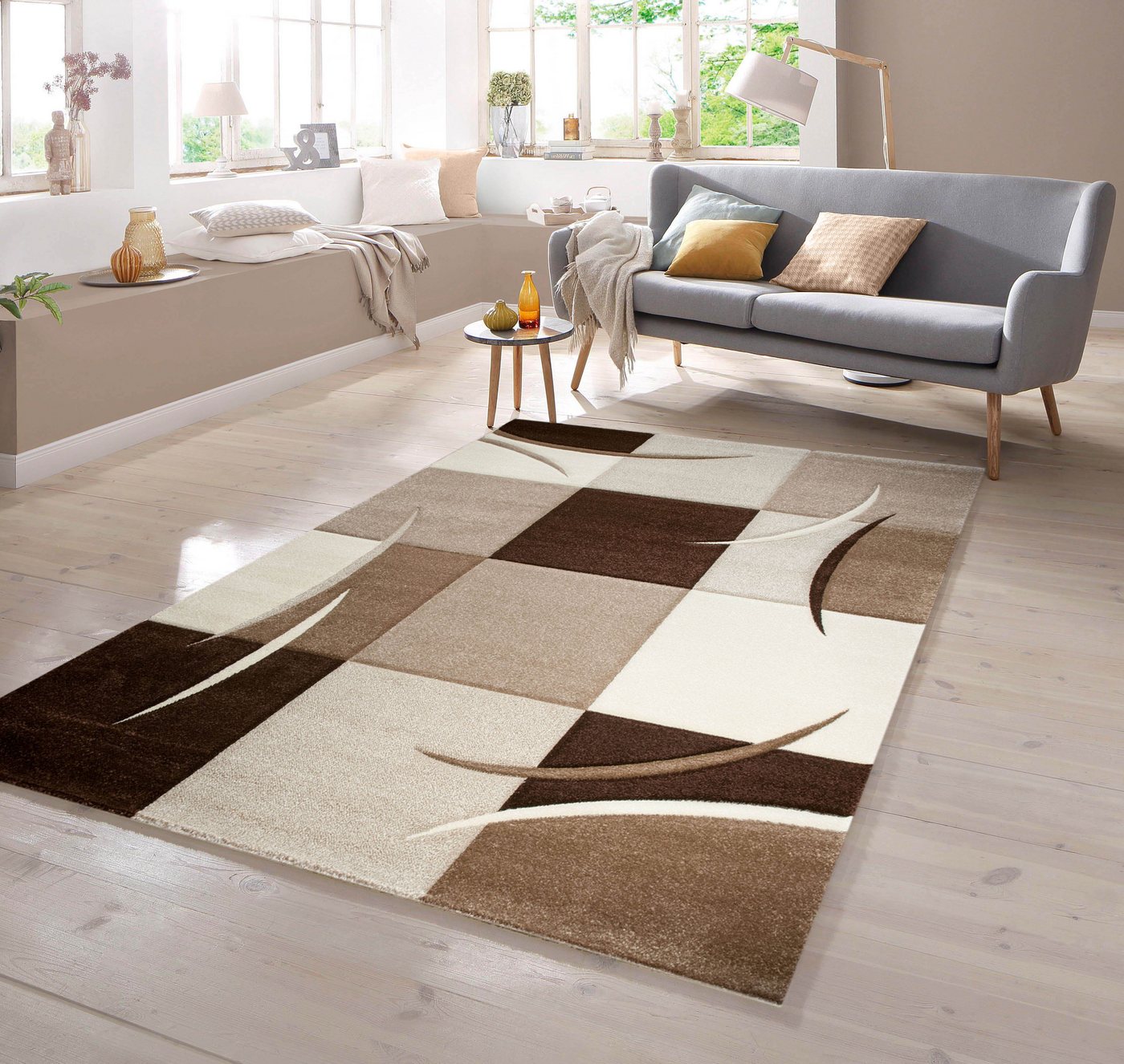 TeppichHome24 Teppich Designer Teppich mit Konturenschnitt Karo Muster Braun Beige Mocca, rechteckig Bild 3