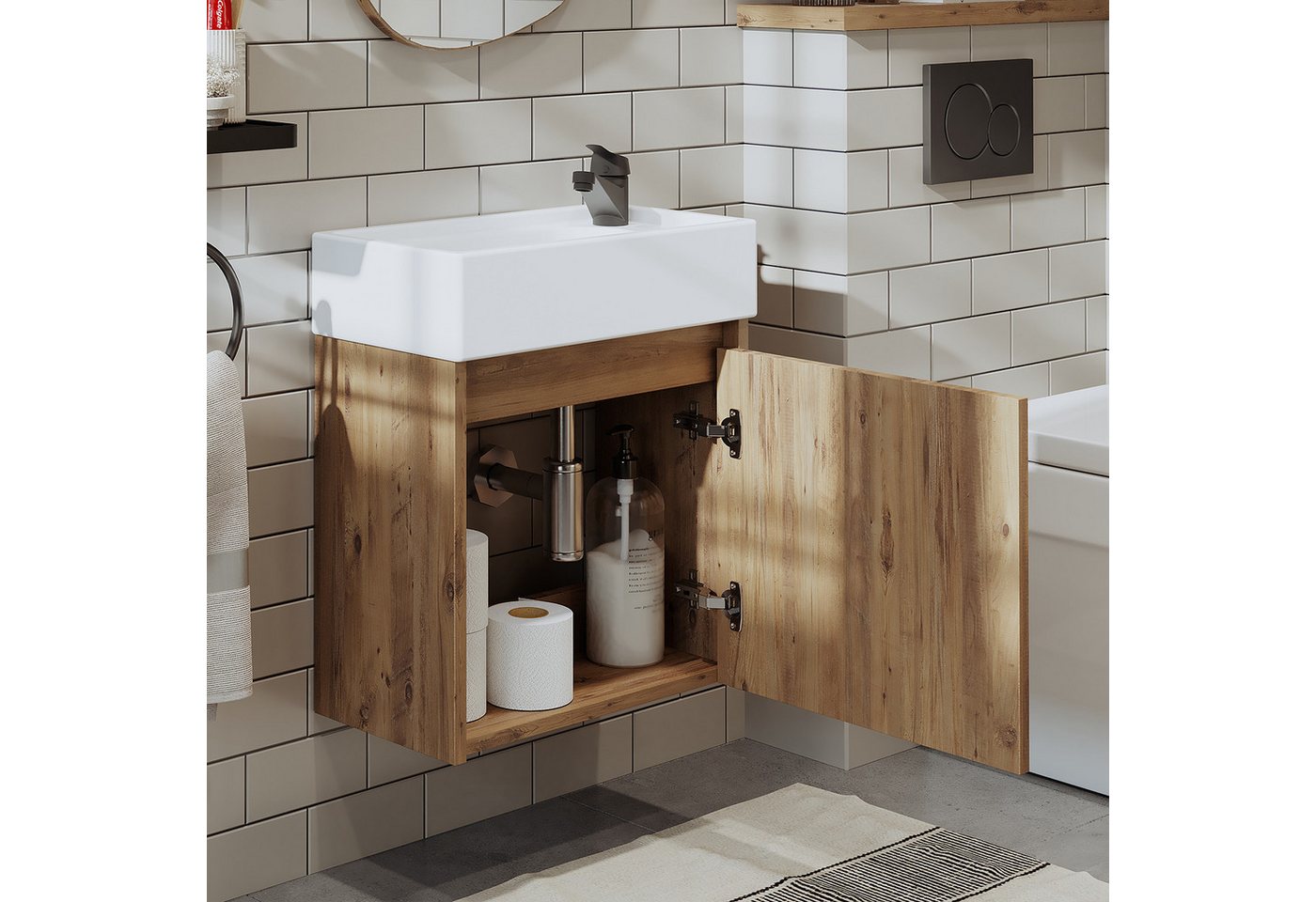 Roomart Badmöbel-Set MINI 50 hängend, 25 cm tief, Soft-Close, Keramikbecken in 5 Farben, (Komplett-Set für Badezimmer, Gäste WC, Unterschrank mit Waschbecken, Seitenschrank, Spiegelschrank), Soft-Close, Wandmontage, Keramikbecken inkl., 5 Farben, 25 cm tief
