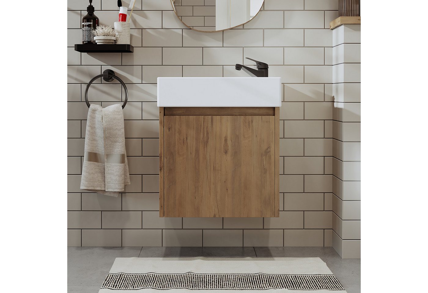 Roomart Badmöbel-Set MINI 50 hängend, 25 cm tief, Soft-Close, Keramikbecken in 5 Farben, (Komplett-Set für Badezimmer, Gäste WC, Unterschrank mit Waschbecken, Seitenschrank, Spiegelschrank), Soft-Close, Wandmontage, Keramikbecken inkl., 5 Farben, 25 cm tief Bild 2