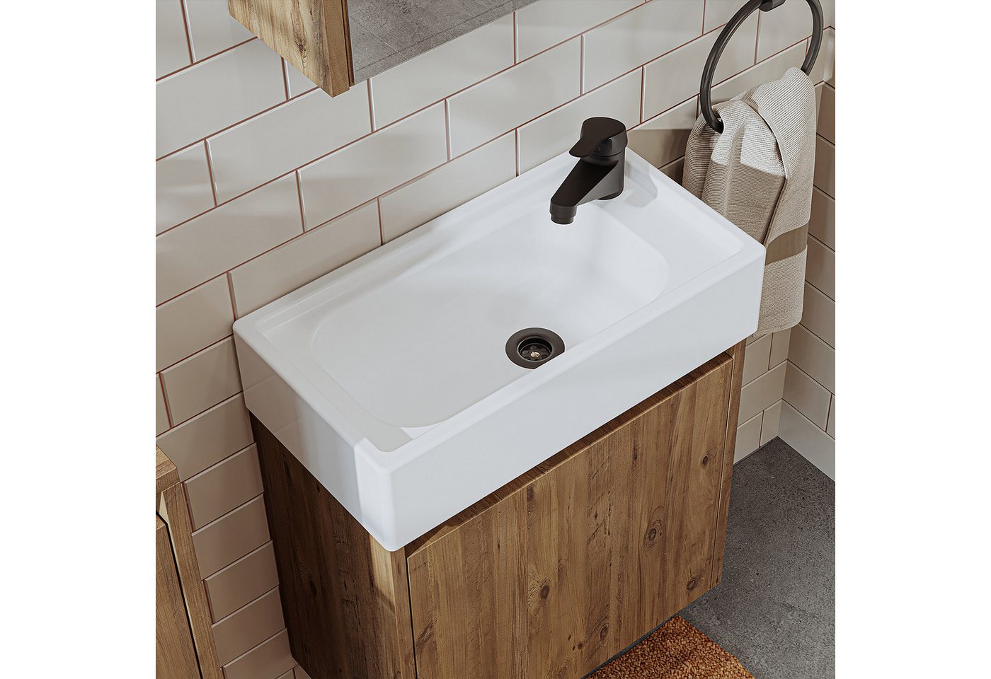Roomart Badmöbel-Set MINI 50 hängend, 25 cm tief, Soft-Close, Keramikbecken in 5 Farben, (Komplett-Set für Badezimmer, Gäste WC, Unterschrank mit Waschbecken, Seitenschrank, Spiegelschrank), Soft-Close, Wandmontage, Keramikbecken inkl., 5 Farben, 25 cm tief Bild 3