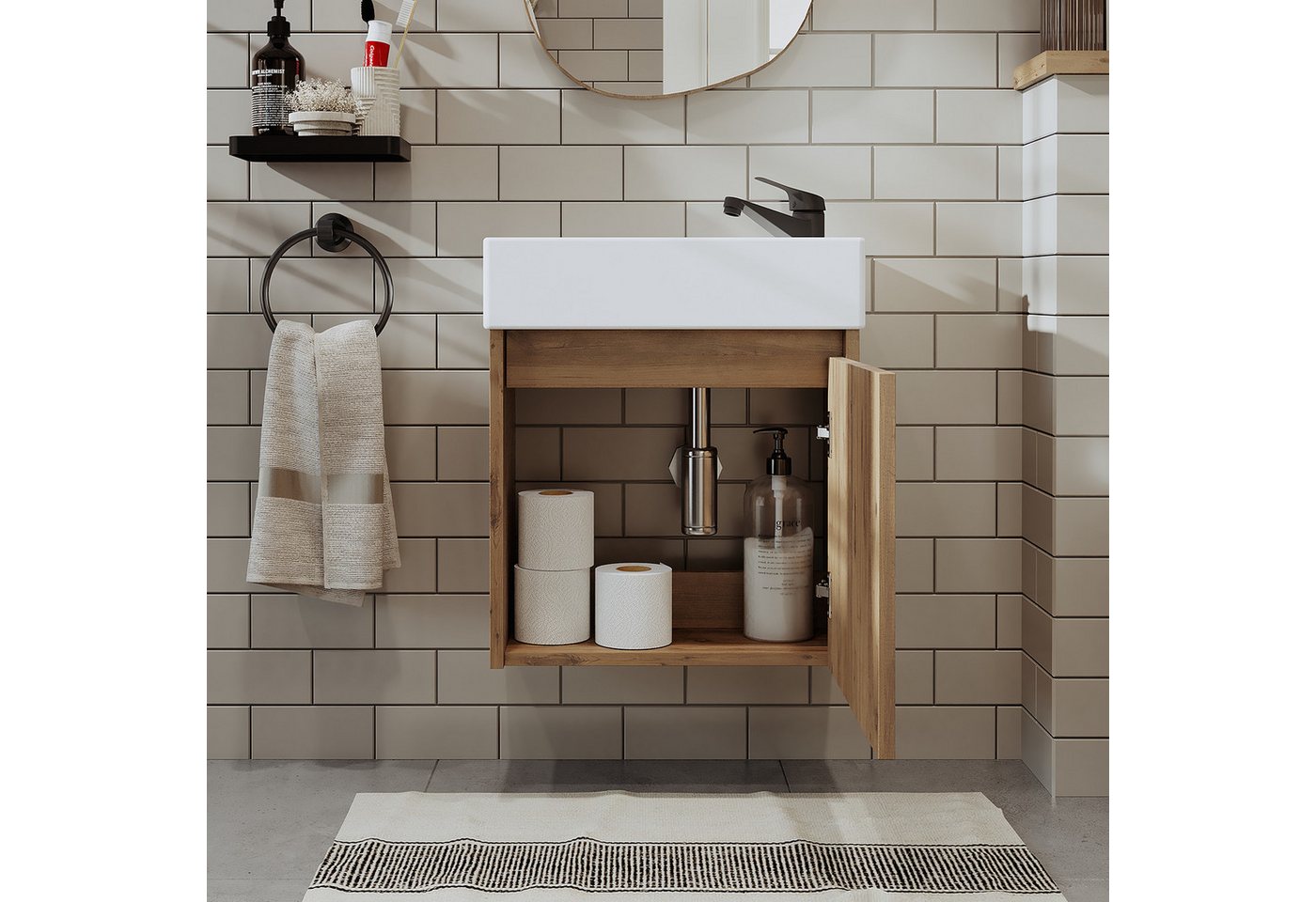 Roomart Badmöbel-Set MINI 50 hängend, 25 cm tief, Soft-Close, Keramikbecken in 5 Farben, (Komplett-Set für Badezimmer, Gäste WC, Unterschrank mit Waschbecken, Seitenschrank, Spiegelschrank), Soft-Close, Wandmontage, Keramikbecken inkl., 5 Farben, 25 cm tief Bild 4