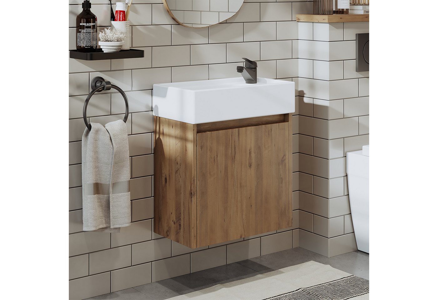 Roomart Badmöbel-Set MINI 50 hängend, 25 cm tief, Soft-Close, Keramikbecken in 5 Farben, (Komplett-Set für Badezimmer, Gäste WC, Unterschrank mit Waschbecken, Seitenschrank, Spiegelschrank), Soft-Close, Wandmontage, Keramikbecken inkl., 5 Farben, 25 cm tief Bild 5
