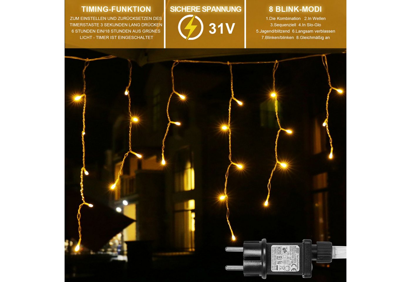 Lapamax LED-Lichterkette LED-Lichterkette Vorhanglichte,LED Lichtervorhang,mit Fernbedienung, Timer,5M/10M/15M,8 Modi,für Weihnachten Party Bild 2