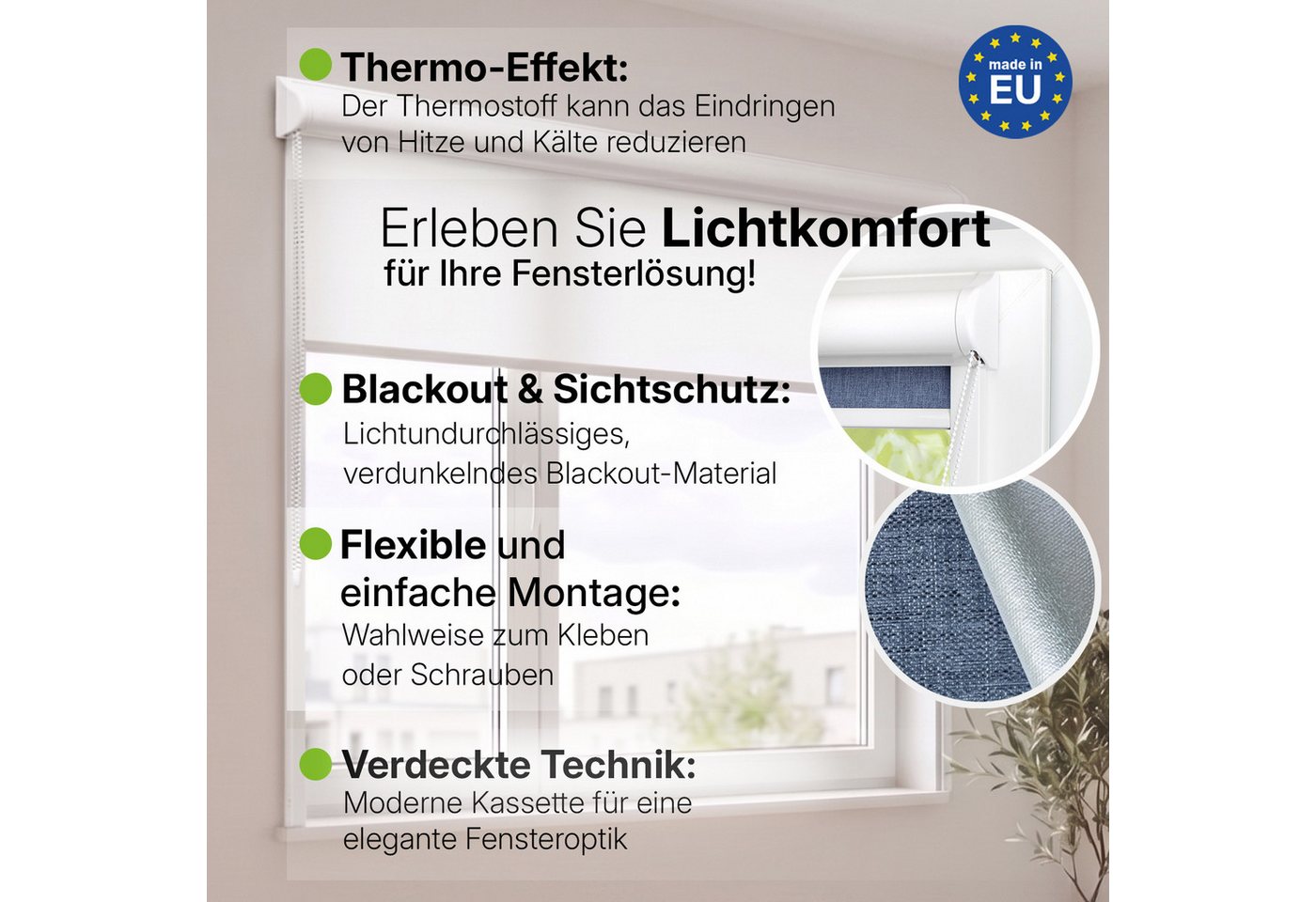 Rollo Premium Blackout Thermo Kassettenrollo mit Seitenführung, DomDeco, blickdicht, ohne Bohren, zum Kleben oder Schrauben Bild 2