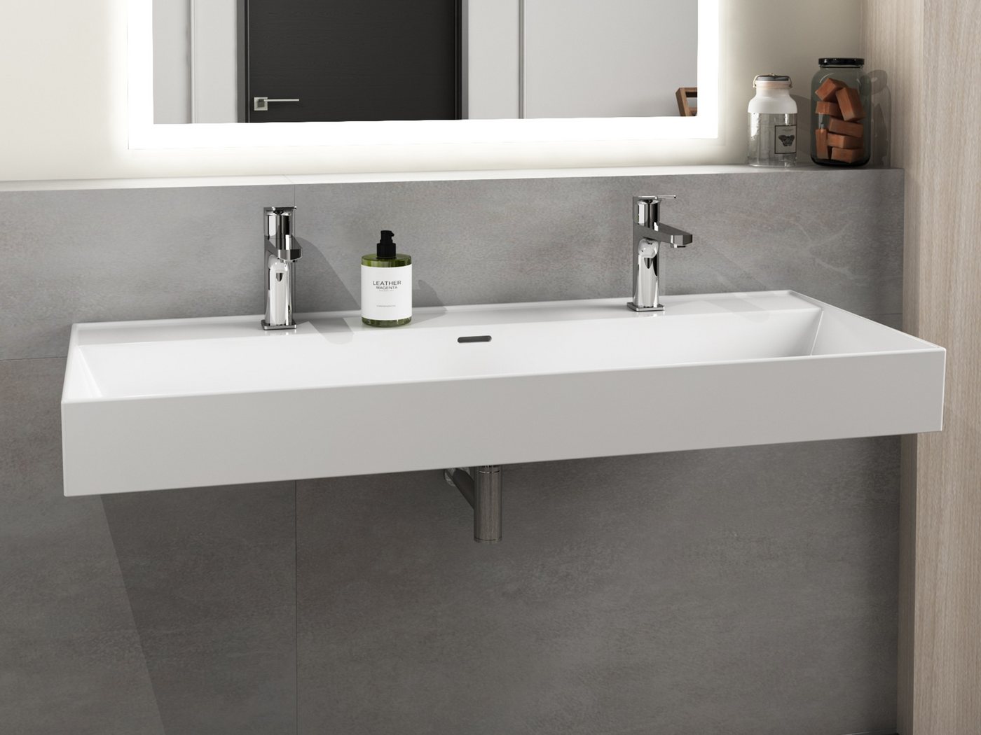 Aqua Bagno Waschbecken Doppwaschbecken 120cm weiß eckig Wandmontage Möbelwaschtisch Bild 2