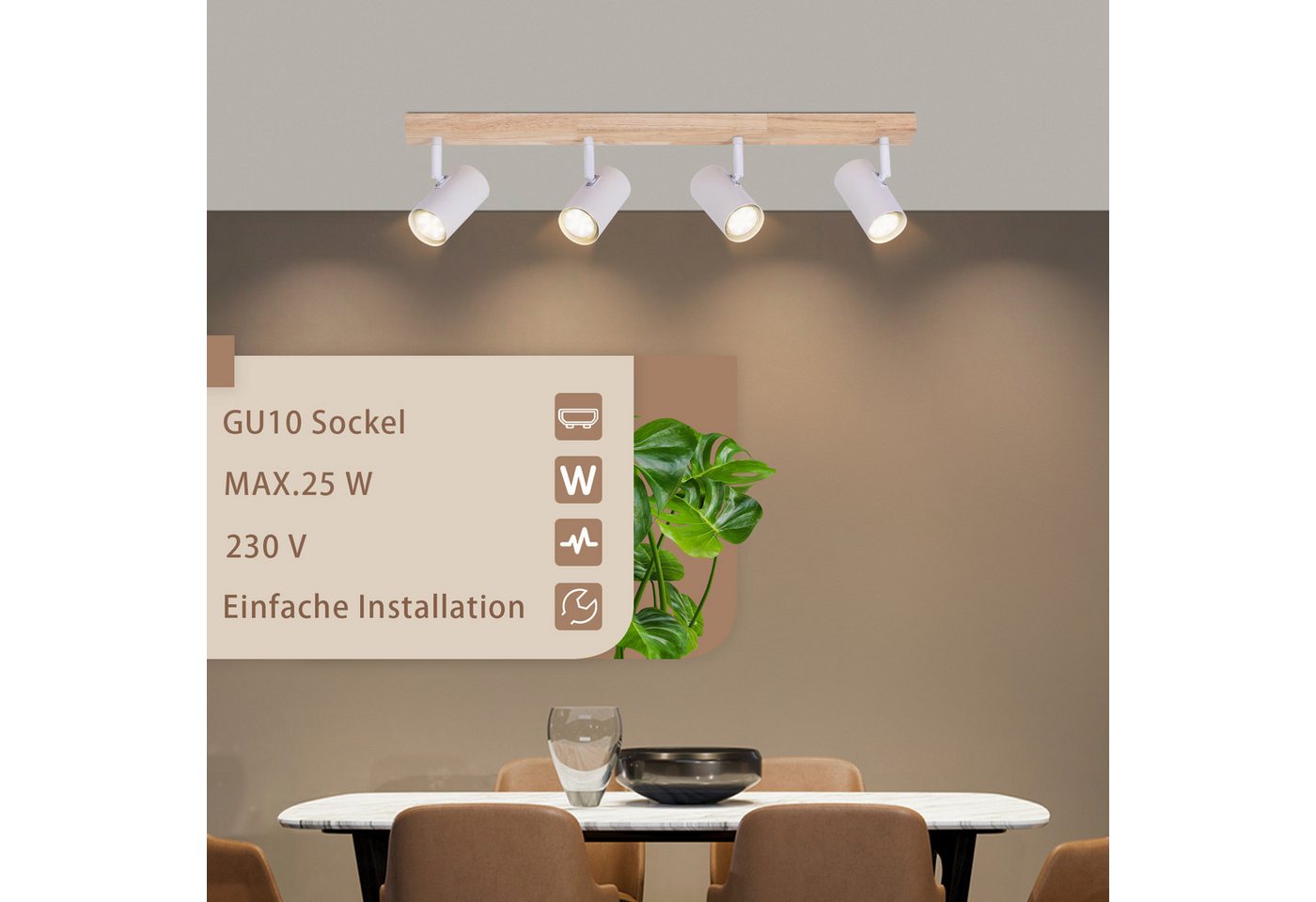 Nettlife Deckenstrahler Deckenstrahler 4/5 Flammig Holz Vintage GU10, Schwenkbar 350°, LED wechselbar, Deckenleuchte für Wohnzimmer Schlafzimmer Esstisch Küche Kindzimmer Bild 3
