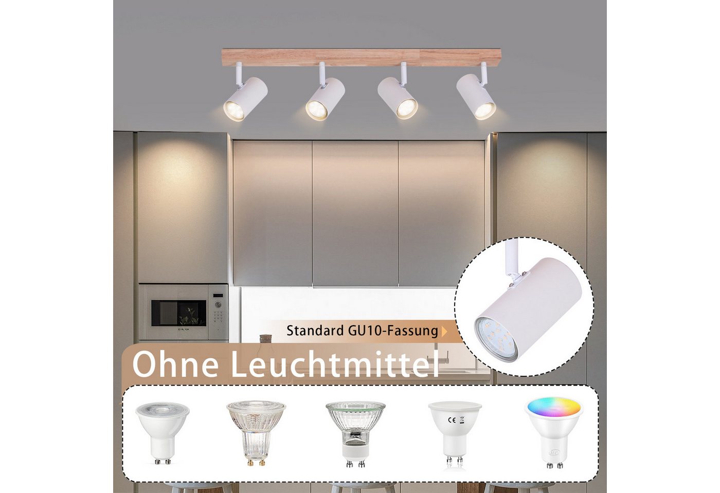Nettlife Deckenstrahler Deckenstrahler 4/5 Flammig Holz Vintage GU10, Schwenkbar 350°, LED wechselbar, Deckenleuchte für Wohnzimmer Schlafzimmer Esstisch Küche Kindzimmer Bild 4