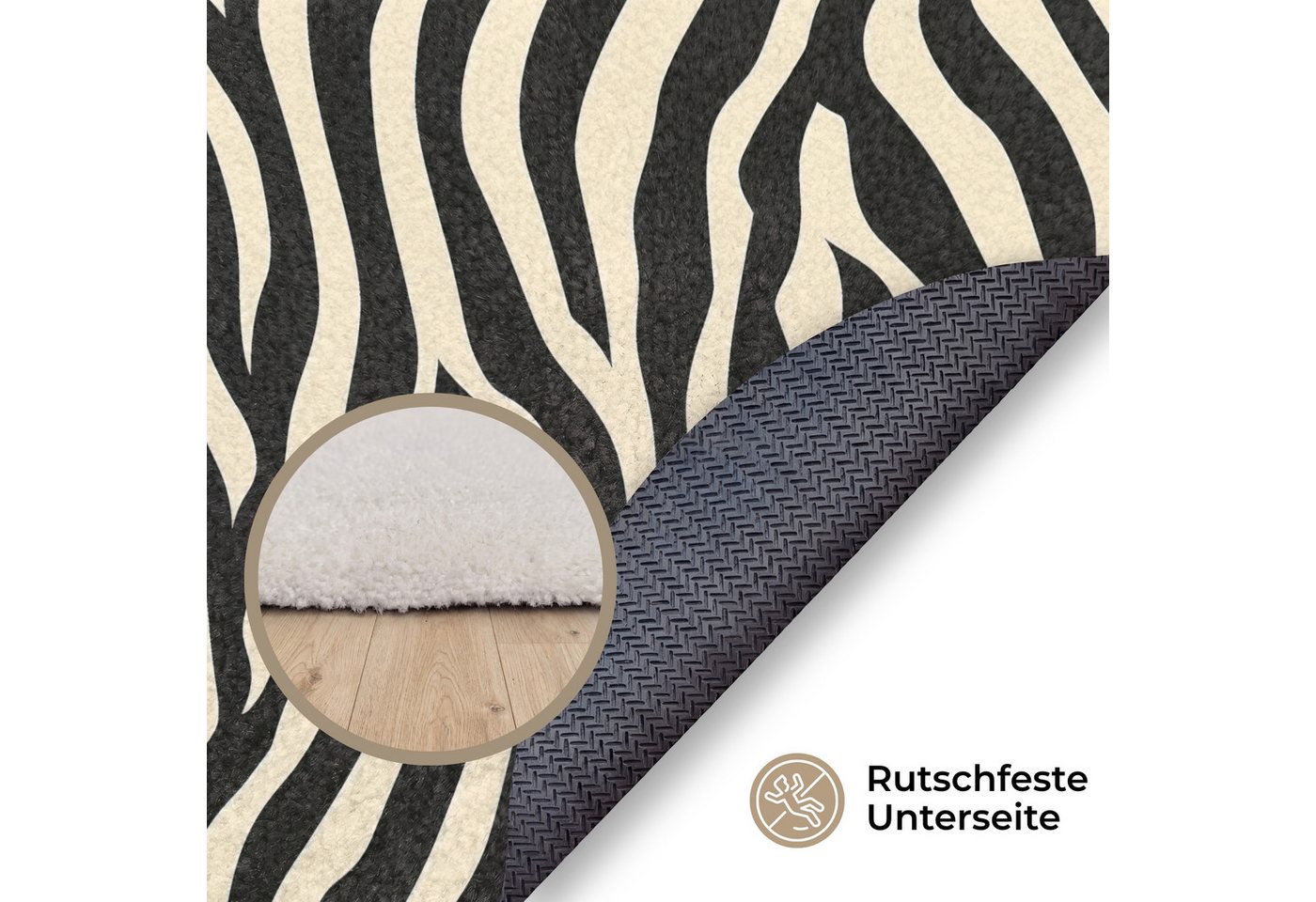 OnlyWow Teppich Rund Zebra - Druck - Klassisch - Schwarz, Rechteckig, Wohnzimmer, Schlafzimmer, Kurzflor 90x90 cm Bild 2