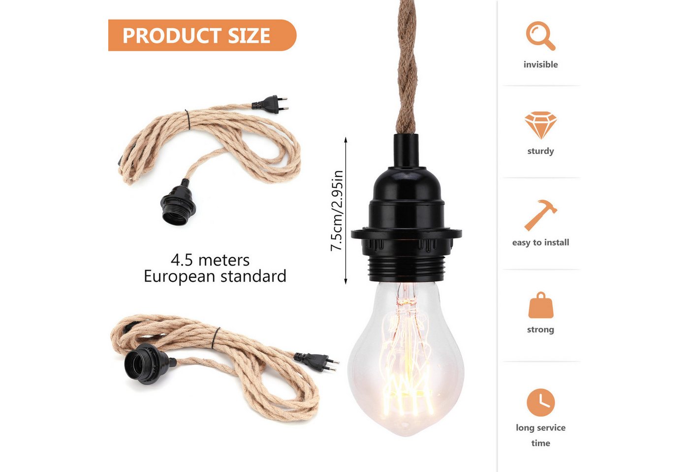 BlingBin Pendelleuchte mit Stecker, Lampenfassung E27 mit Kabel 4,5 Meter, DIY-Dekorationen, ohne Leuchtmittel, DIY Hängelampe für Schlafzimmer, für Lampenaufhängung E27 fassung Bild 5