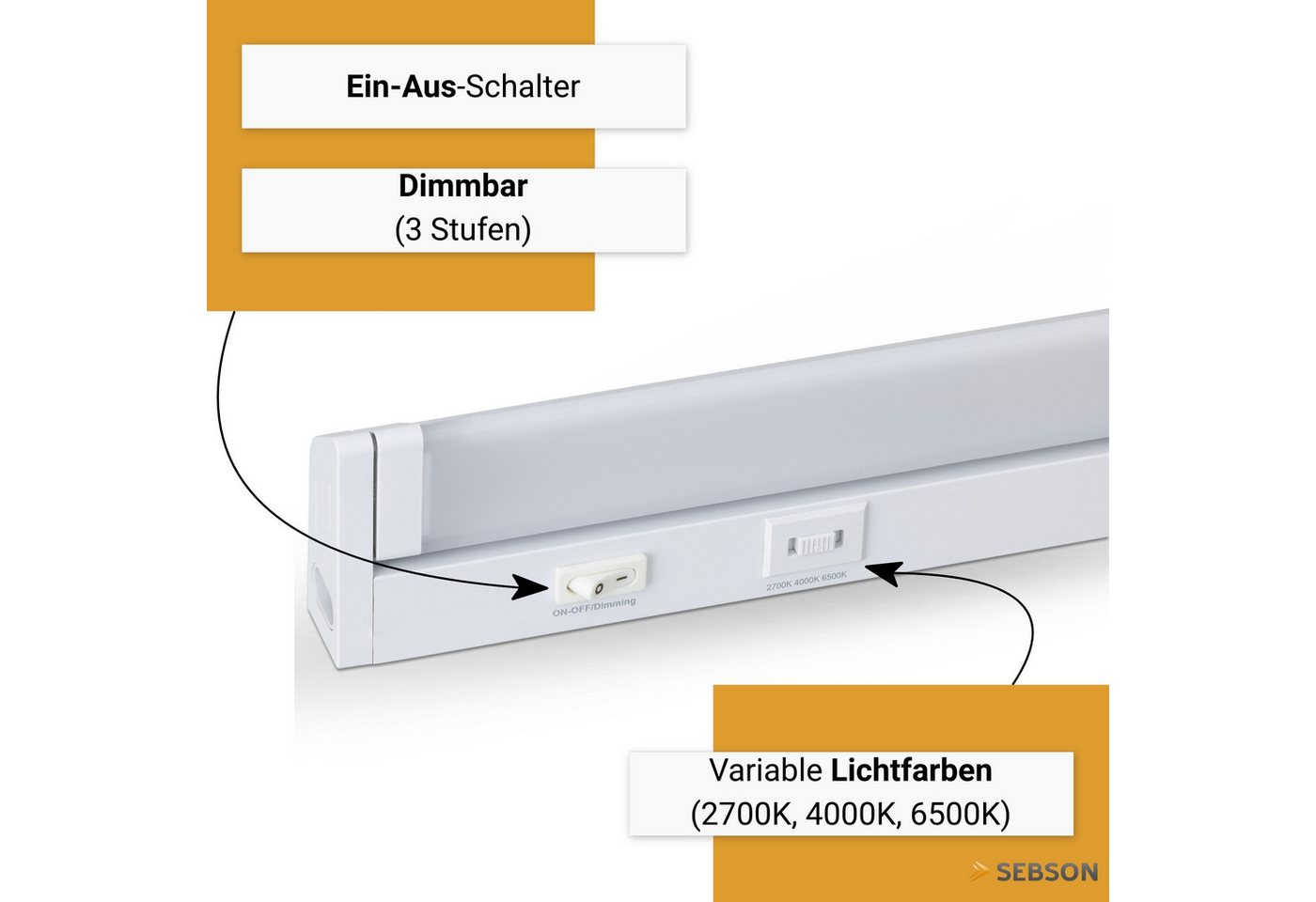 SEBSON Aufbauleuchte LED Unterbauleuchte 30cm - dimmbar, 3 Lichtfarben, schwenkbar, Stecker, Programmierbar: Warmweiß, Neutralweiß, Kaltweiß, Programmierbar: warmweiß 2700K/ neutralweiß 4000K/ kaltweiß 6500K