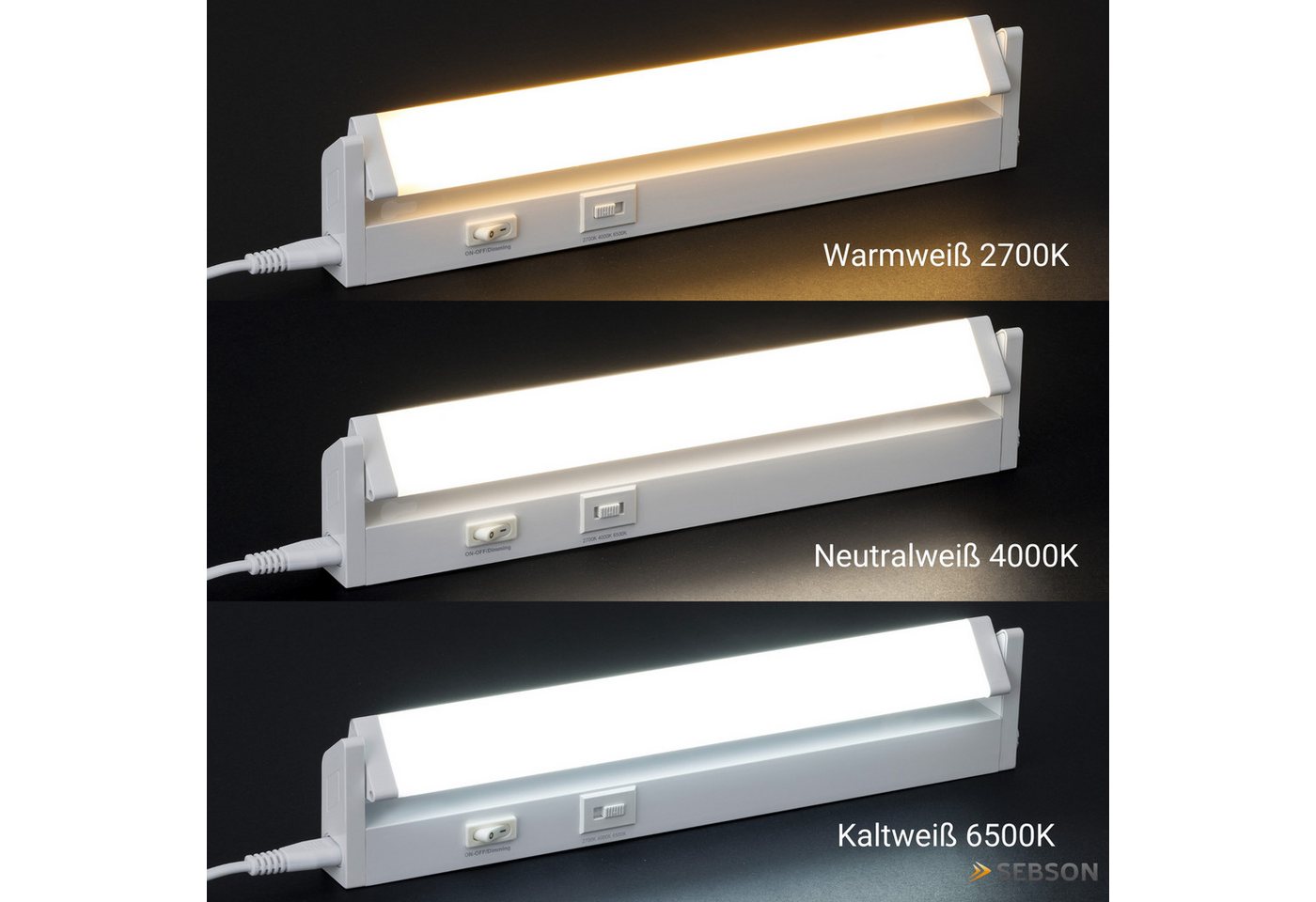 SEBSON Aufbauleuchte LED Unterbauleuchte 30cm - dimmbar, 3 Lichtfarben, schwenkbar, Stecker, Programmierbar: Warmweiß, Neutralweiß, Kaltweiß, Programmierbar: warmweiß 2700K/ neutralweiß 4000K/ kaltweiß 6500K Bild 2