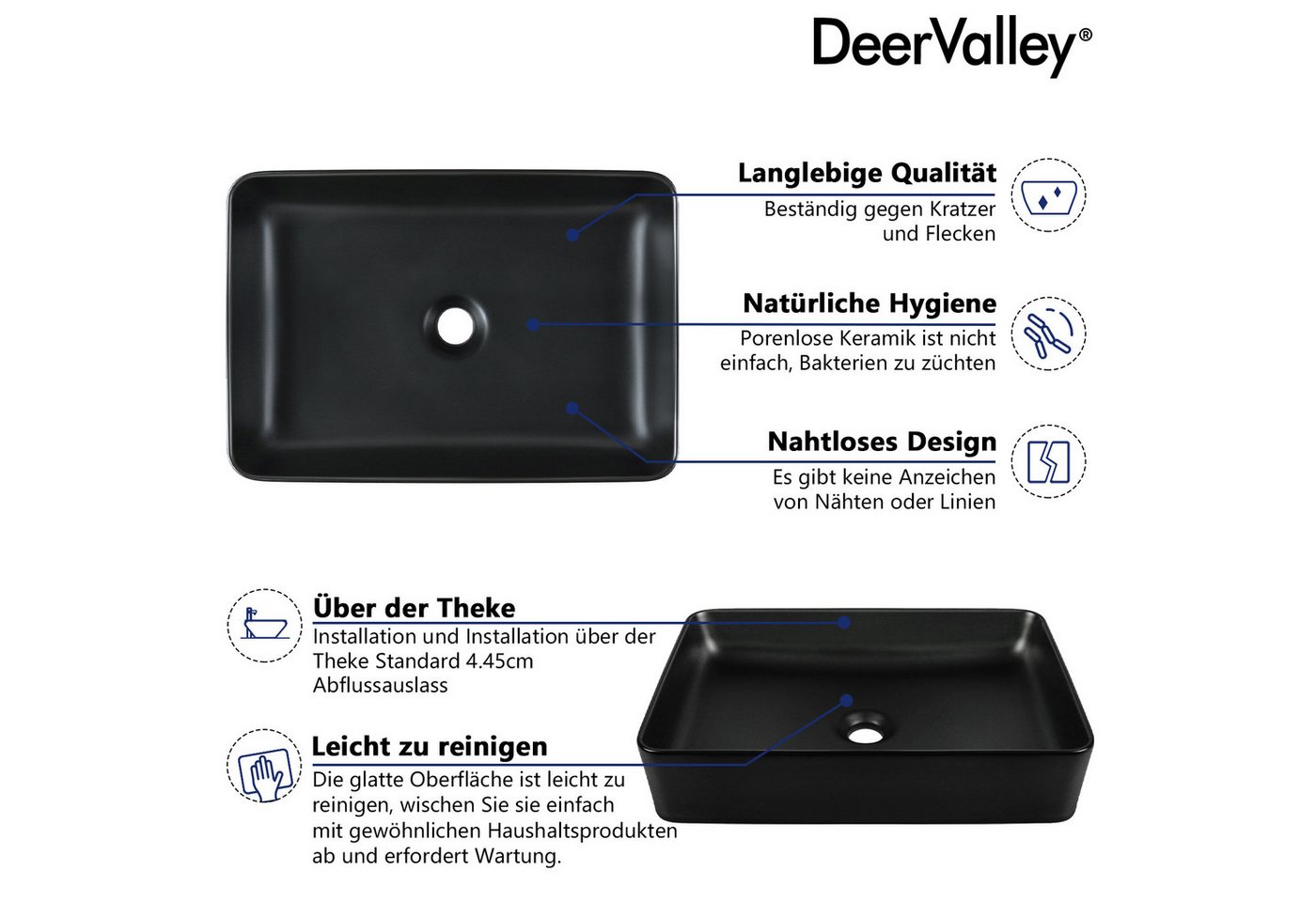 DeerValley Waschbecken Weißes Rechteckiges Keramik-Aufsatz, Porenfreie Keramik, Kratzfest, Fleckenbeständig