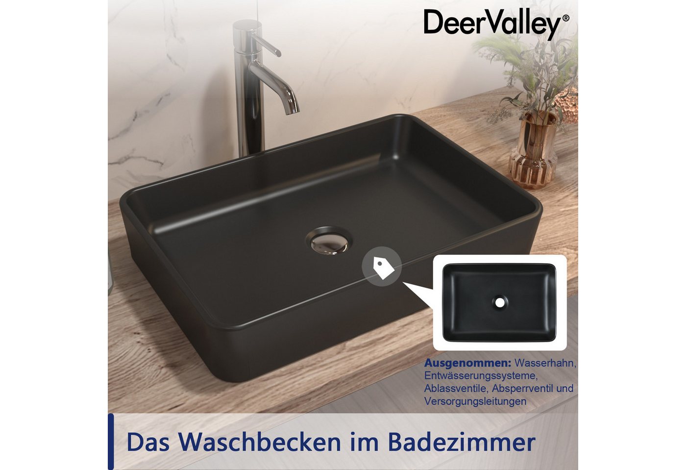 DeerValley Waschbecken Weißes Rechteckiges Keramik-Aufsatz, Porenfreie Keramik, Kratzfest, Fleckenbeständig Bild 3