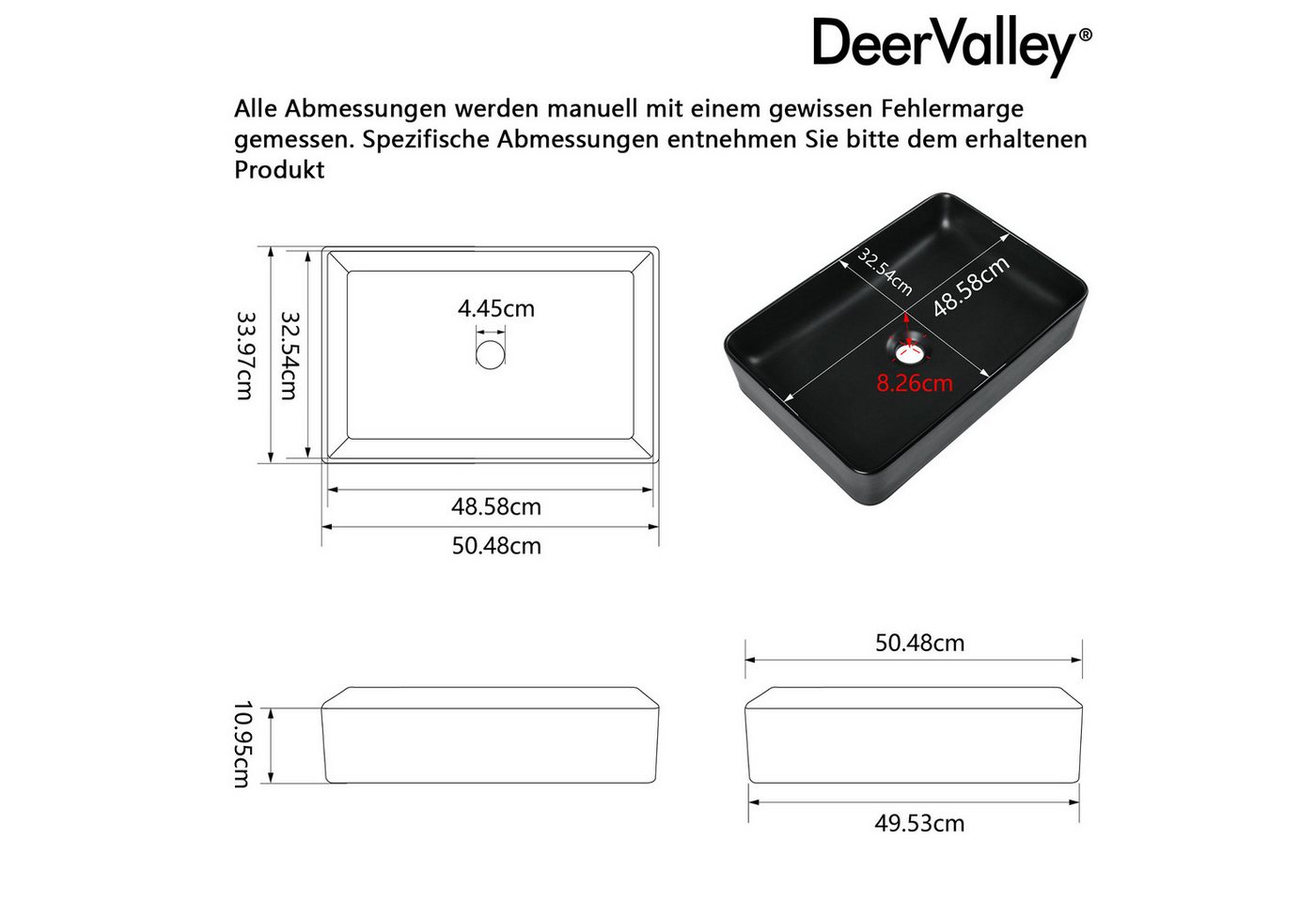 DeerValley Waschbecken Weißes Rechteckiges Keramik-Aufsatz, Porenfreie Keramik, Kratzfest, Fleckenbeständig Bild 4