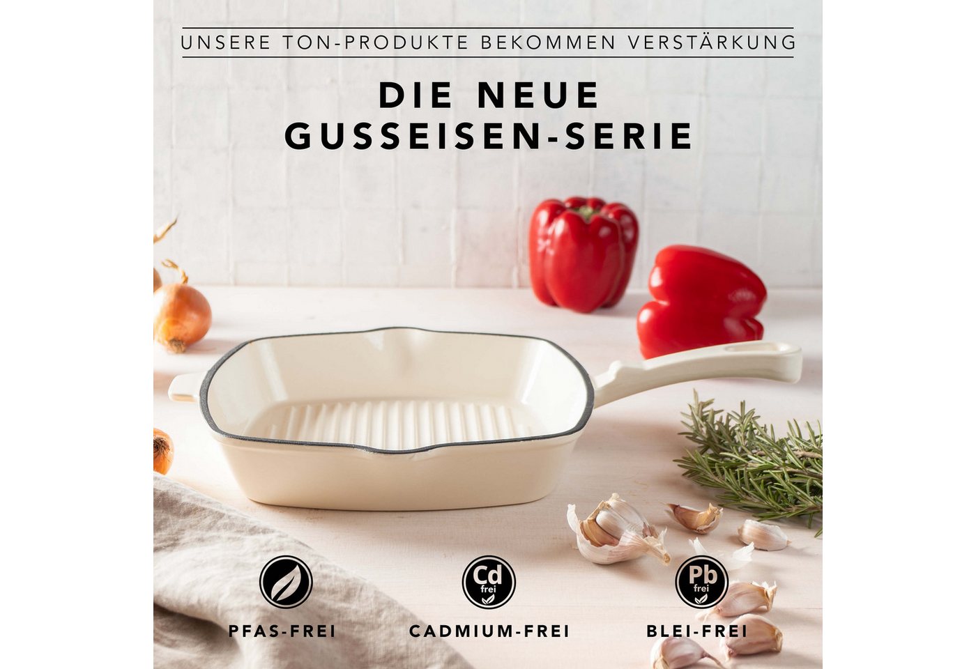 RÖMERTOPF Grillpfanne Gusseisen Grillpfanne 24cm Creme, Gusseisen (Set, Set), Alle Herdarten inkl. Induktion, bis 250 °C