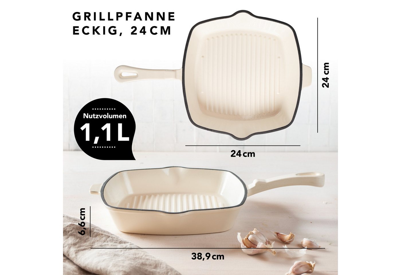 RÖMERTOPF Grillpfanne Gusseisen Grillpfanne 24cm Creme, Gusseisen (Set, Set), Alle Herdarten inkl. Induktion, bis 250 °C Bild 3