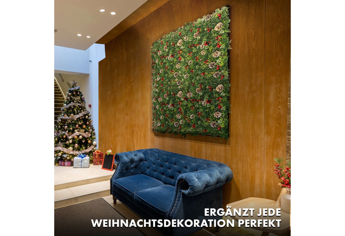 Kunstpflanze Pflanzenwand Greenglow, Dekorative Weihnachtswand, Kubus, Lebensechte Details für eine festliche Weihnachtsstimmung