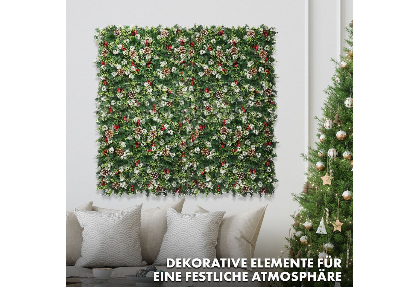 Kunstpflanze Pflanzenwand Greenglow, Dekorative Weihnachtswand, Kubus, Lebensechte Details für eine festliche Weihnachtsstimmung Bild 4
