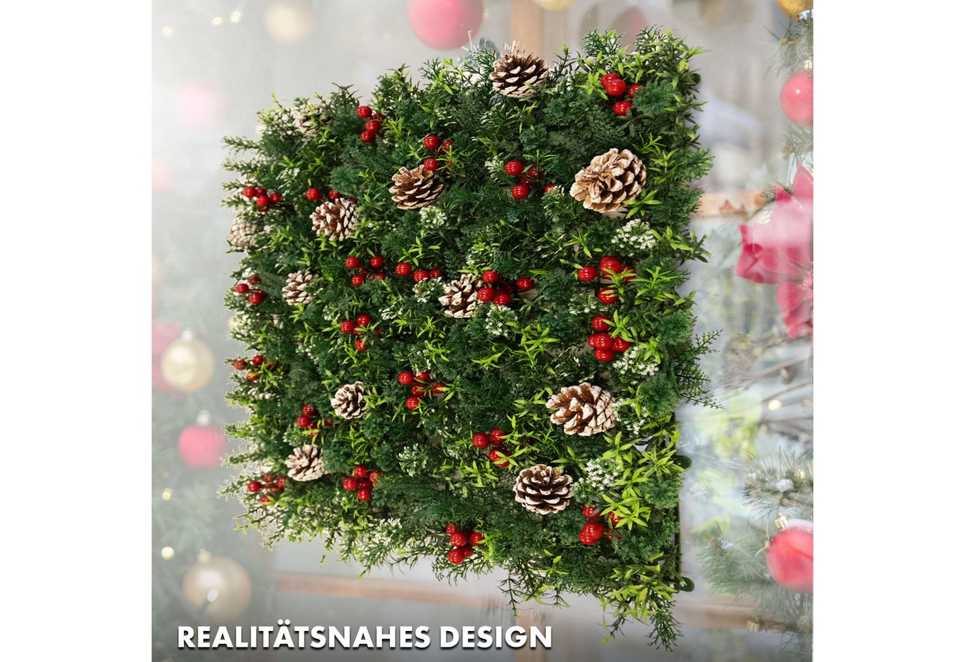 Kunstpflanze Pflanzenwand Greenglow, Dekorative Weihnachtswand, Kubus, Lebensechte Details für eine festliche Weihnachtsstimmung Bild 5