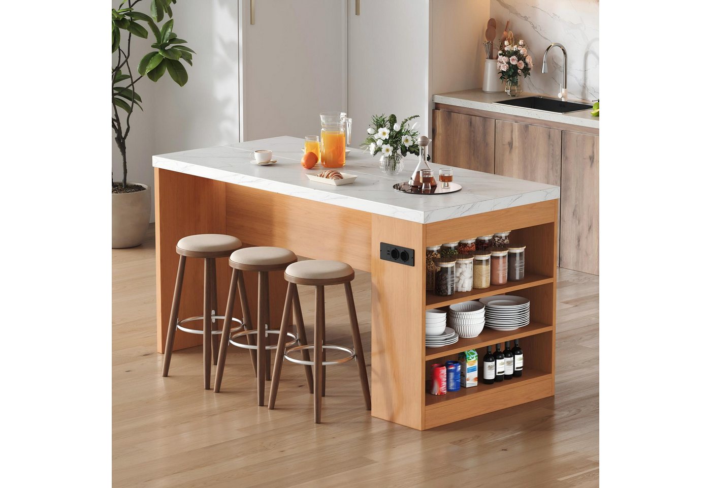 Flieks Kücheninsel mit Arbeitsplatte, LED-Beleuchtung, Steckdose,3 offenen Seitenablagen, (155x80x90 cm, Mehrzweckschrank mit 2xAC+2xUSB), multifunktional Küchenschrank mit Ladenfunktion, Marmoroptik & Natur
