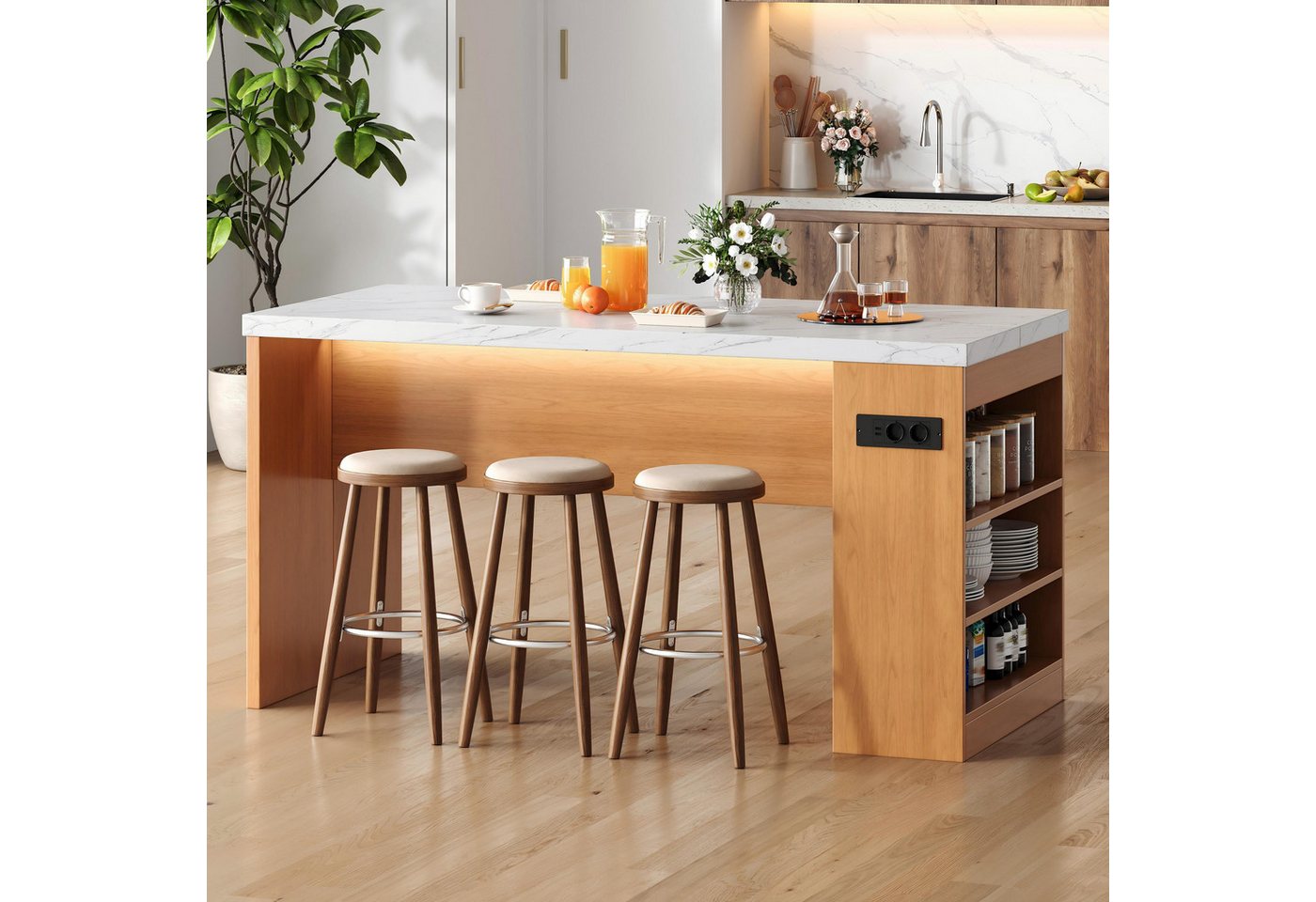 Flieks Kücheninsel mit Arbeitsplatte, LED-Beleuchtung, Steckdose,3 offenen Seitenablagen, (155x80x90 cm, Mehrzweckschrank mit 2xAC+2xUSB), multifunktional Küchenschrank mit Ladenfunktion, Marmoroptik & Natur Bild 2