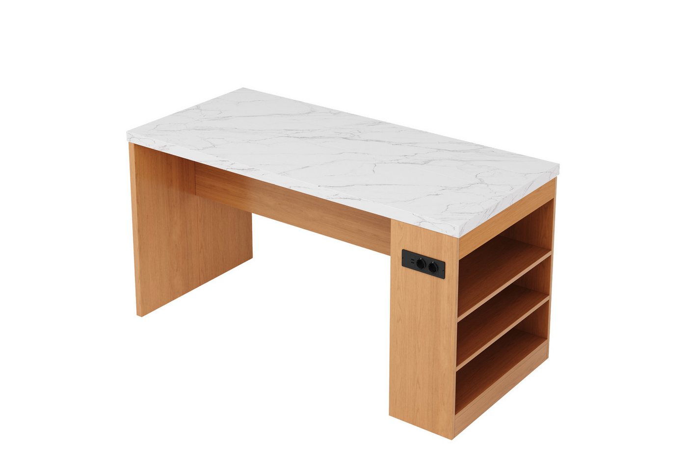 Flieks Kücheninsel mit Arbeitsplatte, LED-Beleuchtung, Steckdose,3 offenen Seitenablagen, (155x80x90 cm, Mehrzweckschrank mit 2xAC+2xUSB), multifunktional Küchenschrank mit Ladenfunktion, Marmoroptik & Natur Bild 3