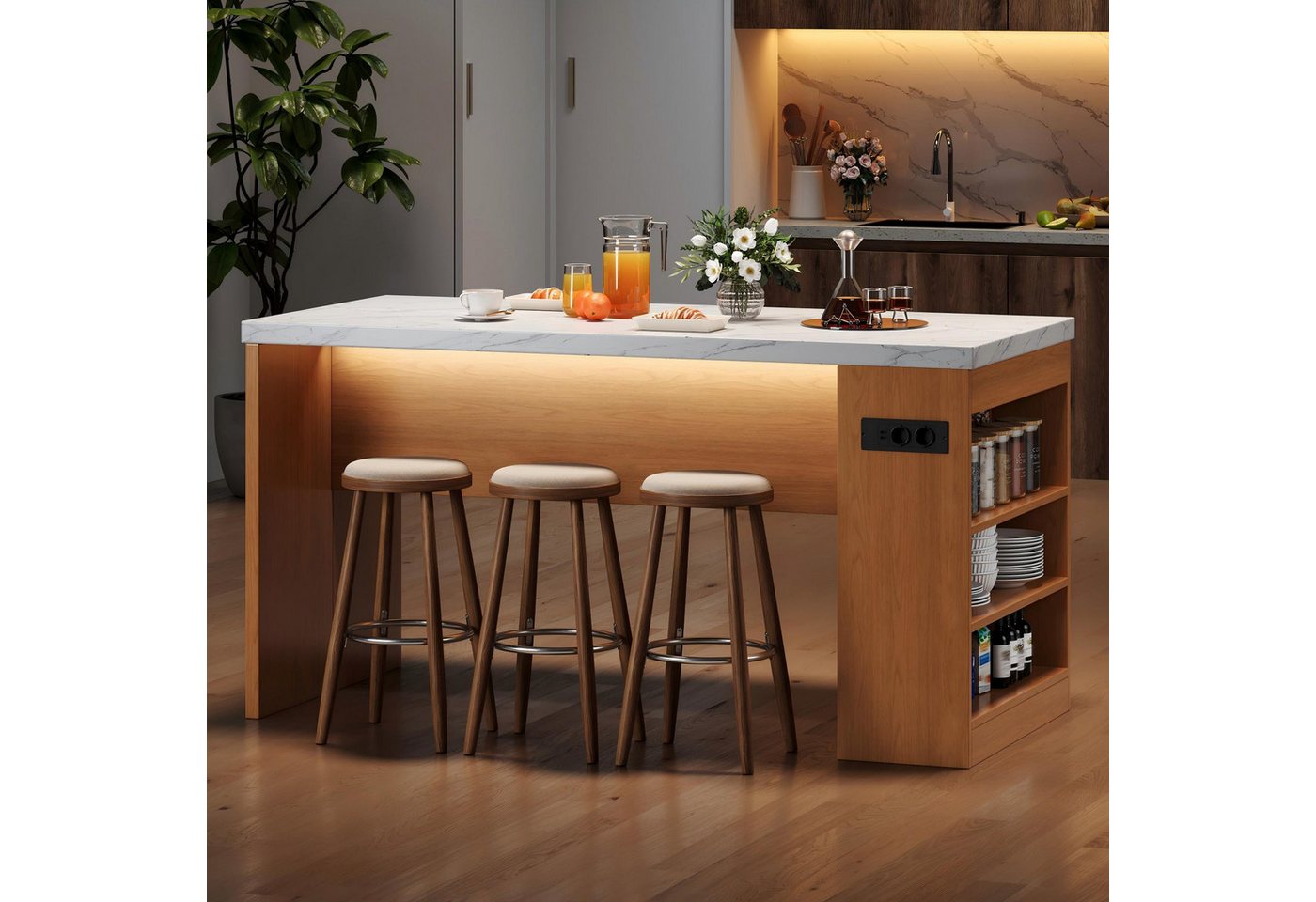 Flieks Kücheninsel mit Arbeitsplatte, LED-Beleuchtung, Steckdose,3 offenen Seitenablagen, (155x80x90 cm, Mehrzweckschrank mit 2xAC+2xUSB), multifunktional Küchenschrank mit Ladenfunktion, Marmoroptik & Natur Bild 4