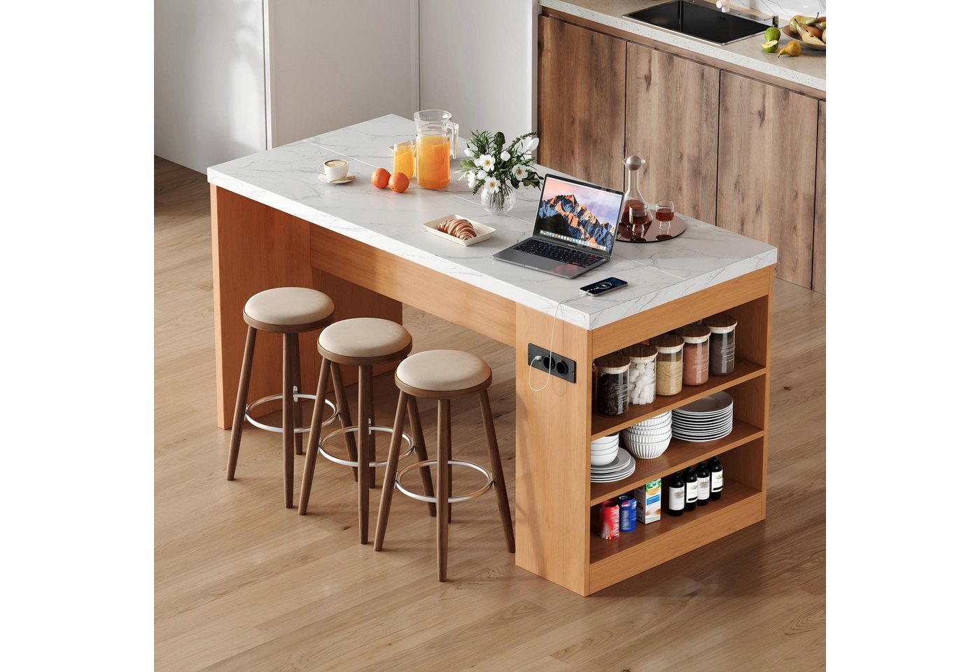 Flieks Kücheninsel mit Arbeitsplatte, LED-Beleuchtung, Steckdose,3 offenen Seitenablagen, (155x80x90 cm, Mehrzweckschrank mit 2xAC+2xUSB), multifunktional Küchenschrank mit Ladenfunktion, Marmoroptik & Natur Bild 5