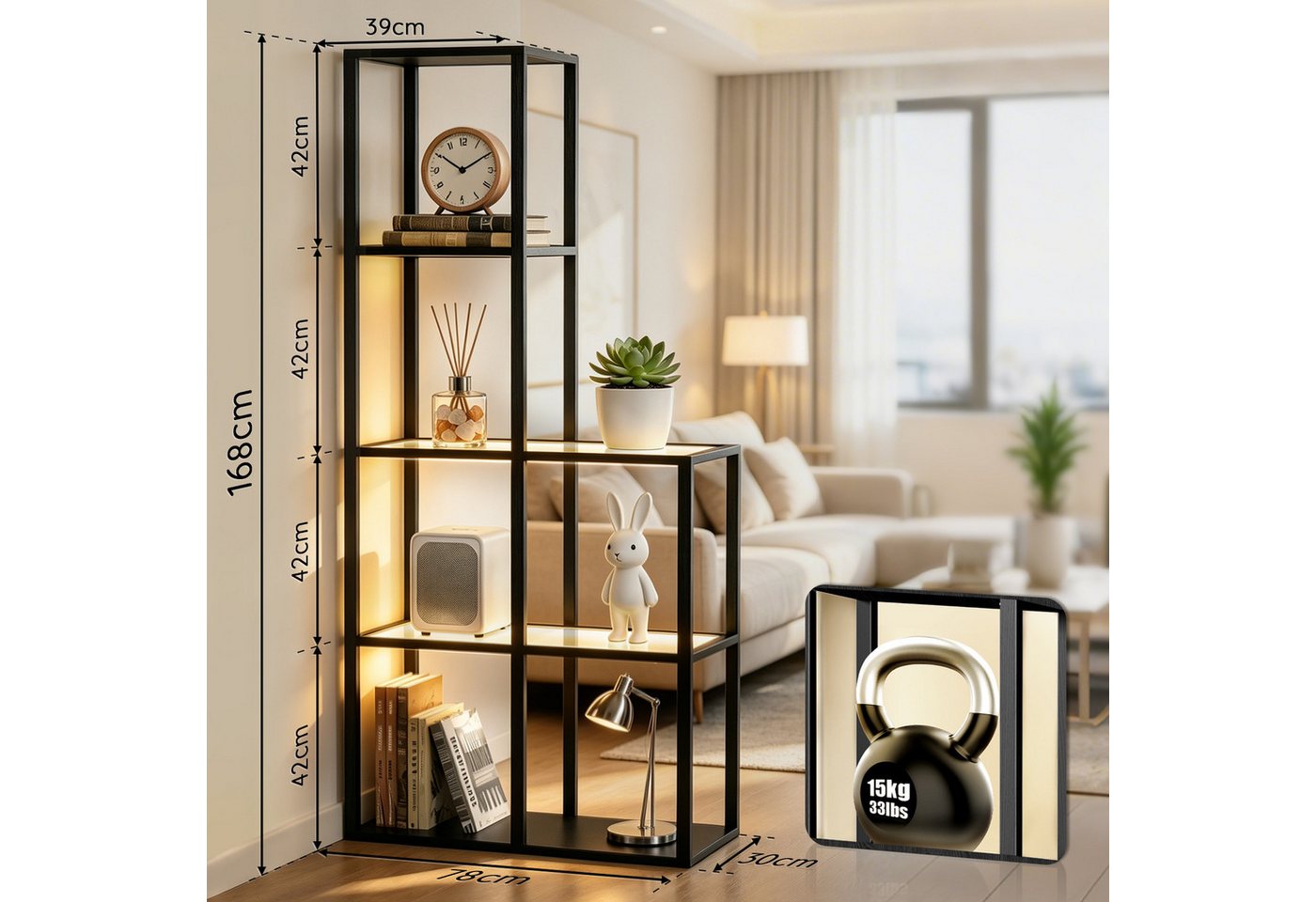 XIIW Eckregal Bücherregal LED Glas Ablagen Regal Holz Stehlampe Eckvitrine Glasregal, 5 Stufige 168x78x30cm Kaltesweiß Warmweiß Dimmbar, für Wohnzimmer, Schlafzimmer, Arbeitszimmer, Büro