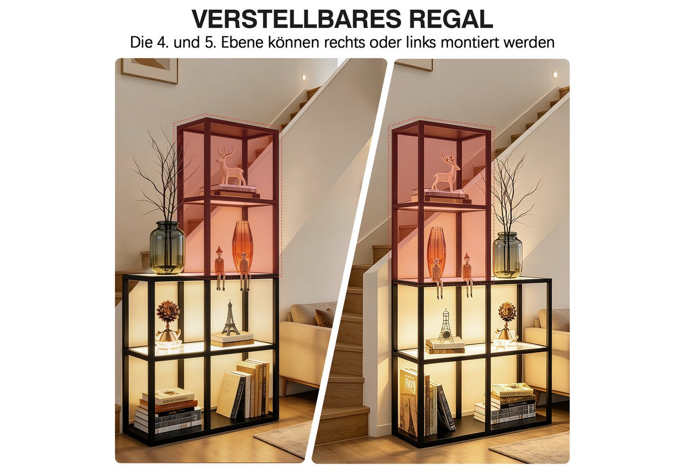 XIIW Eckregal Bücherregal LED Glas Ablagen Regal Holz Stehlampe Eckvitrine Glasregal, 5 Stufige 168x78x30cm Kaltesweiß Warmweiß Dimmbar, für Wohnzimmer, Schlafzimmer, Arbeitszimmer, Büro Bild 2