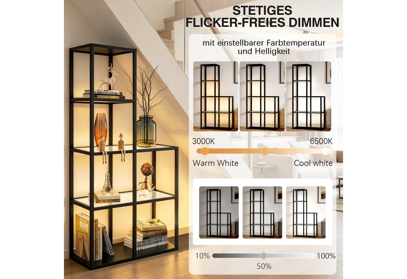 XIIW Eckregal Bücherregal LED Glas Ablagen Regal Holz Stehlampe Eckvitrine Glasregal, 5 Stufige 168x78x30cm Kaltesweiß Warmweiß Dimmbar, für Wohnzimmer, Schlafzimmer, Arbeitszimmer, Büro Bild 5