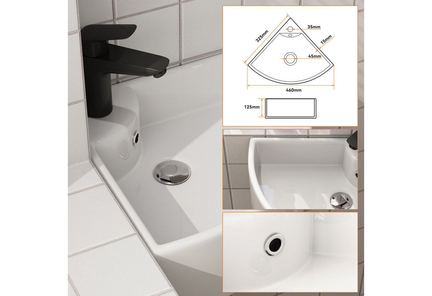 HOROW Waschbecken Waschbecken Waschtisch Badezimmer, Eckwaschbecken Keramik Weiß (Aufsatzwaschbecken für Bad 46 x 32 x 12.5 cm)