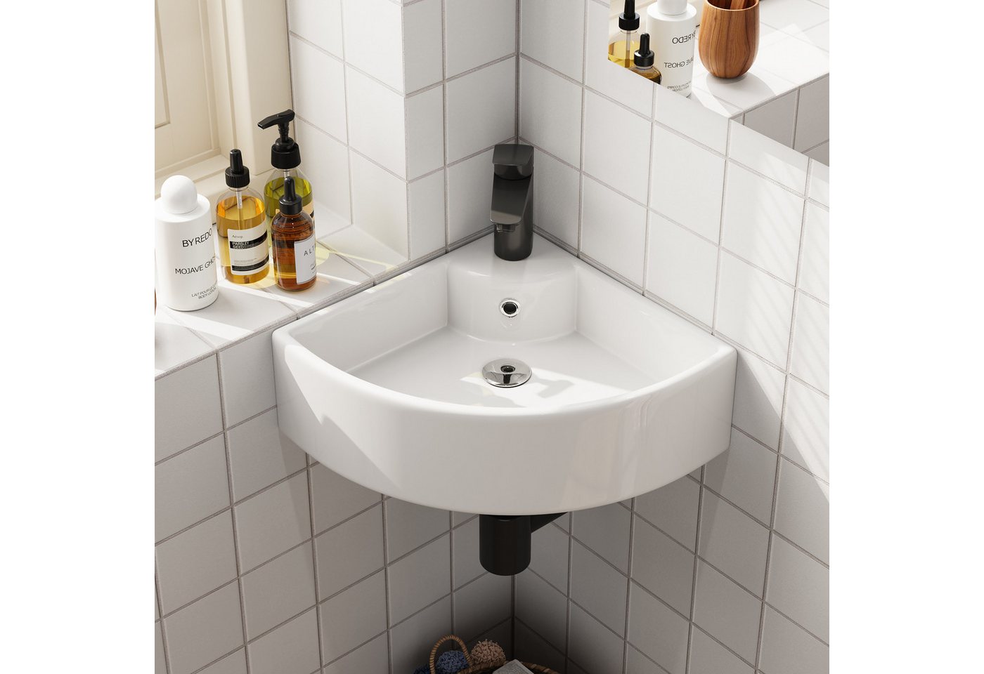 HOROW Waschbecken Waschbecken Waschtisch Badezimmer, Eckwaschbecken Keramik Weiß (Aufsatzwaschbecken für Bad 46 x 32 x 12.5 cm) Bild 3