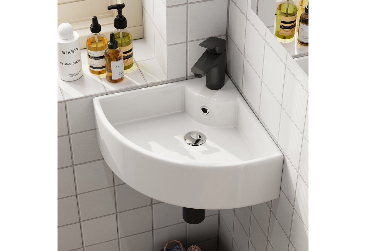HOROW Waschbecken Waschbecken Waschtisch Badezimmer, Eckwaschbecken Keramik Weiß (Aufsatzwaschbecken für Bad 46 x 32 x 12.5 cm) Bild 4