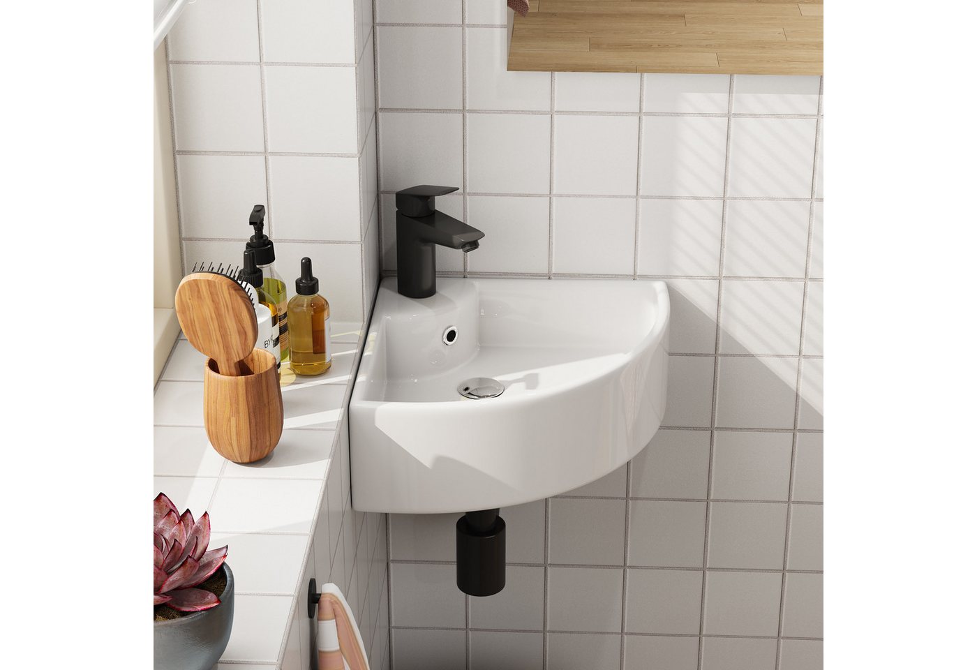 HOROW Waschbecken Waschbecken Waschtisch Badezimmer, Eckwaschbecken Keramik Weiß (Aufsatzwaschbecken für Bad 46 x 32 x 12.5 cm) Bild 5