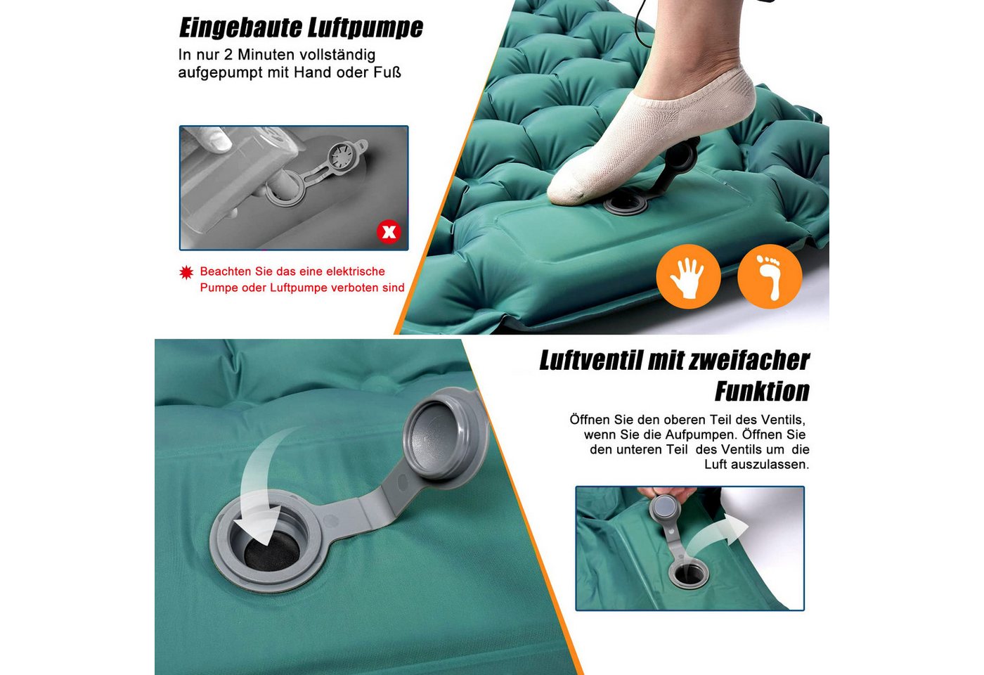CALIYO Isomatte 2-Tlg Isomatte Outdoor, Isomatte Ultraleicht, Isomatte Camping Outdoor, (2-tlg., Isomatte Camping mit Fußpresse Pumpe und Kissen), erschleißfest/wasserabweisend/reißfestigkeit Bild 2