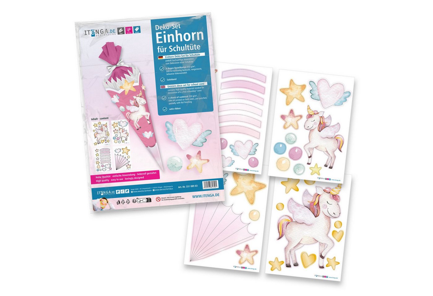 itenga Schultüte itenga DEKO-SET für SCHULTÜTE Einhorn Wasserfarben