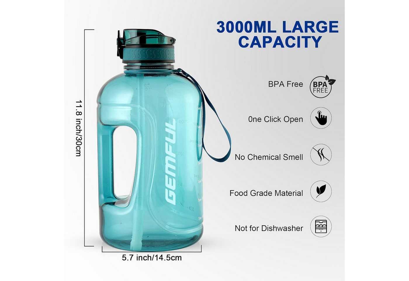 LuxusKollektion Trinkflasche Wasserflasche 3 Liter Strohhalm BPAfrei Auslaufsicher Sport Zyan Bild 3