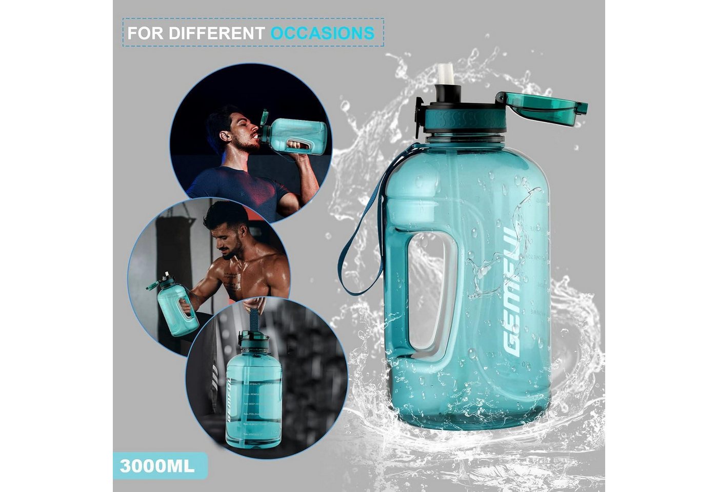 LuxusKollektion Trinkflasche Wasserflasche 3 Liter Strohhalm BPAfrei Auslaufsicher Sport Zyan Bild 4