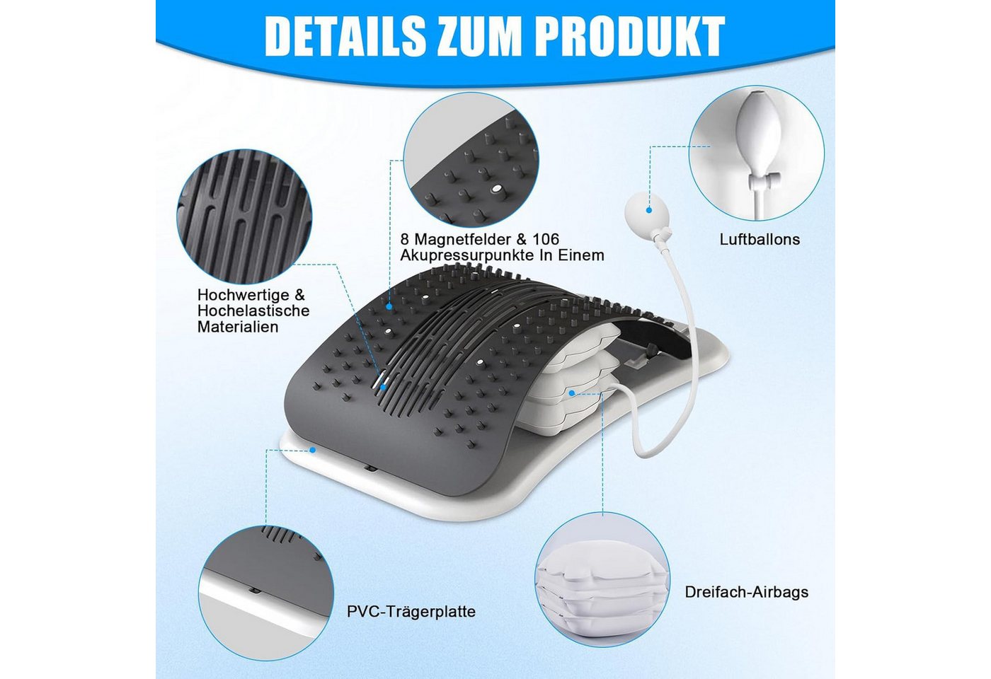 MOPUEA Rückenstrecker Rückenstrecker mit Airbag Stütze verstellbar Ergonomisches Design (Rückenstrecker Set für Rückenentspannung und Haltungstraining, Verstellbarer Rückenstrecker mit Airbag Stützdesign und Polster), Airbag Stütze verstellbarer Bogen 8 Magnetpunkte ergonomisch Bild 3