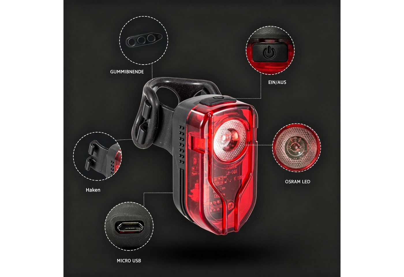 AIBISTAR Fahrrad-Rücklicht Fahrrad LED Rücklicht USB-C, 600mAh Akku, wasserdicht, 3 Lichtmodi,IPX5 wasserdicht,wiederaufladbar,leichtgewichtig Bild 4