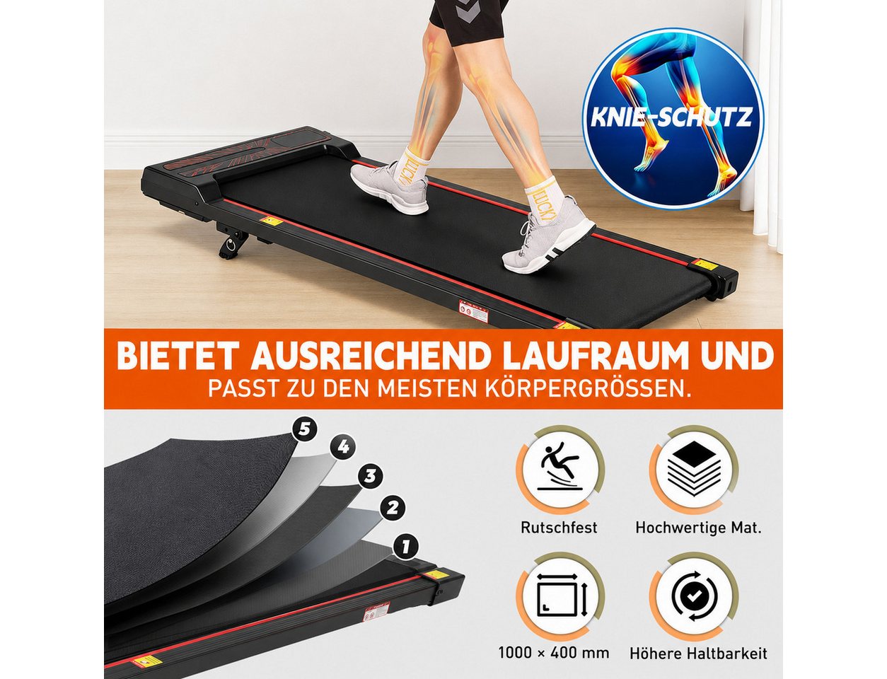 Vankel Laufband Walking Pad, mit Steigung 6%, 5-lagiger Laufmatte (Fernbedienung), mit LED-Display, bis 120 kg